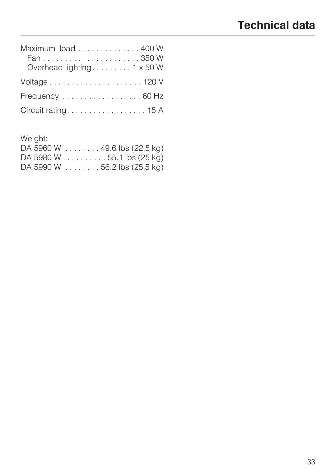 Miele DA 5990 W, DA 5980 W, DA 5960 W installation instructions Technical data 