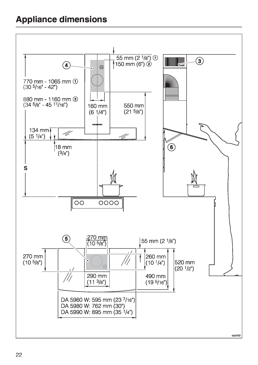 Miele DA 5980 W, DA 5990 W, DA 5960 W installation instructions Appliance dimensions 
