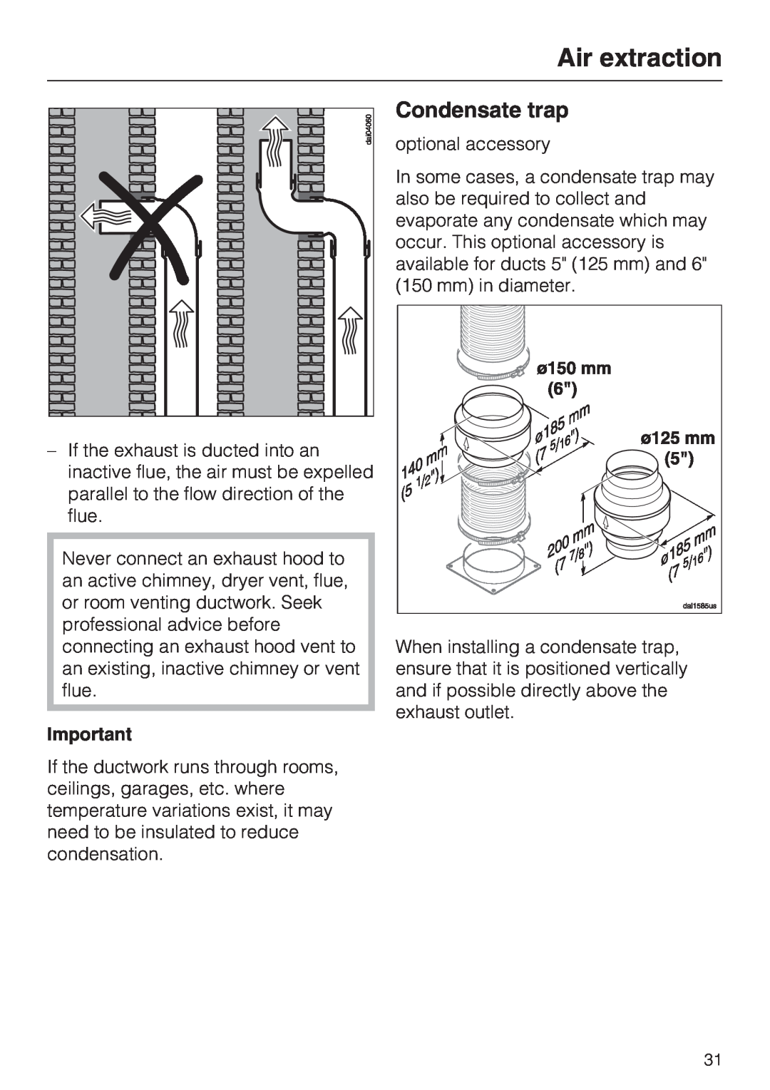 Miele DA 5980 W, DA 5990 W, DA 5960 W installation instructions Condensate trap, Air extraction 