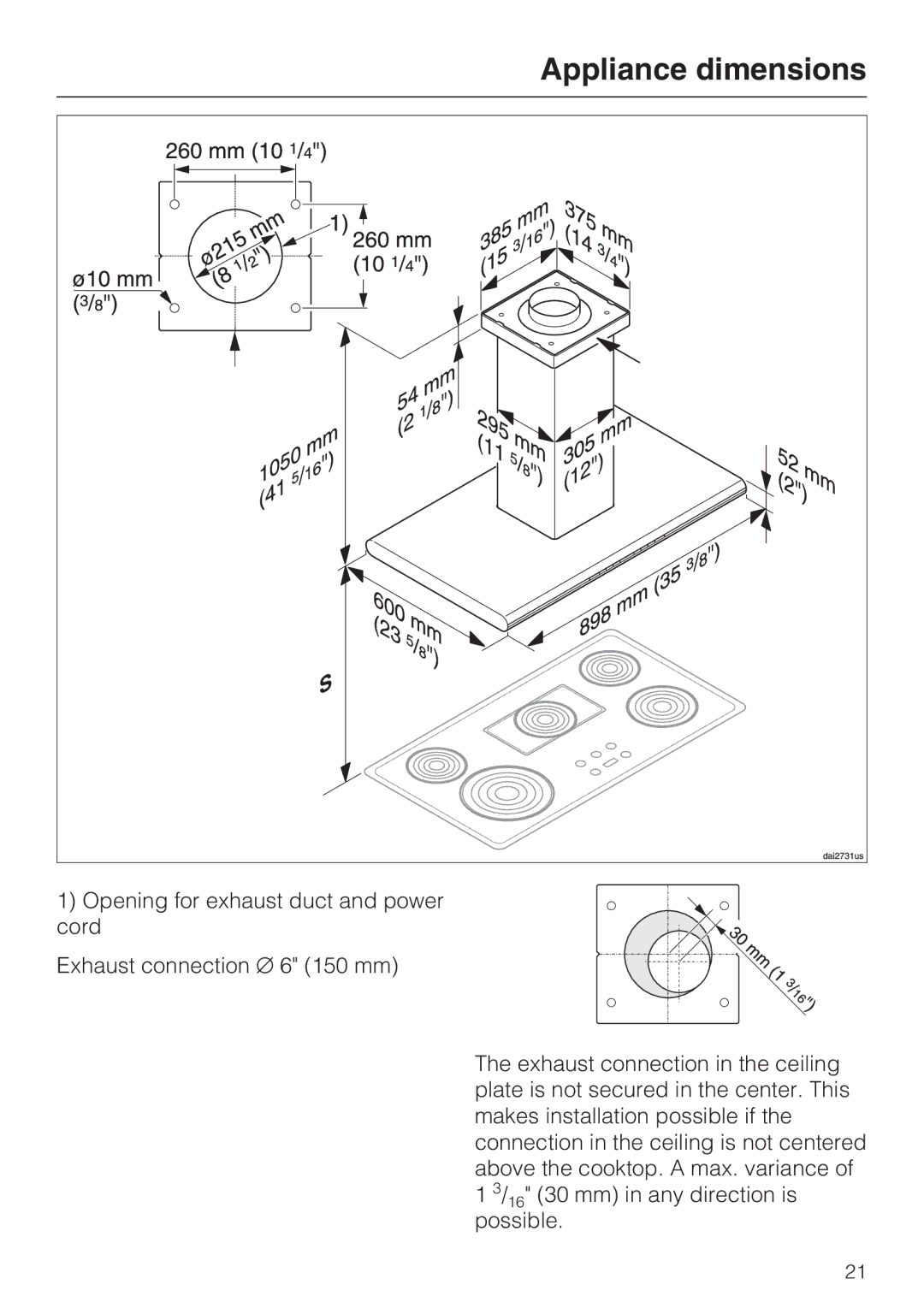 Miele DA 6290 D installation instructions Appliance dimensions 