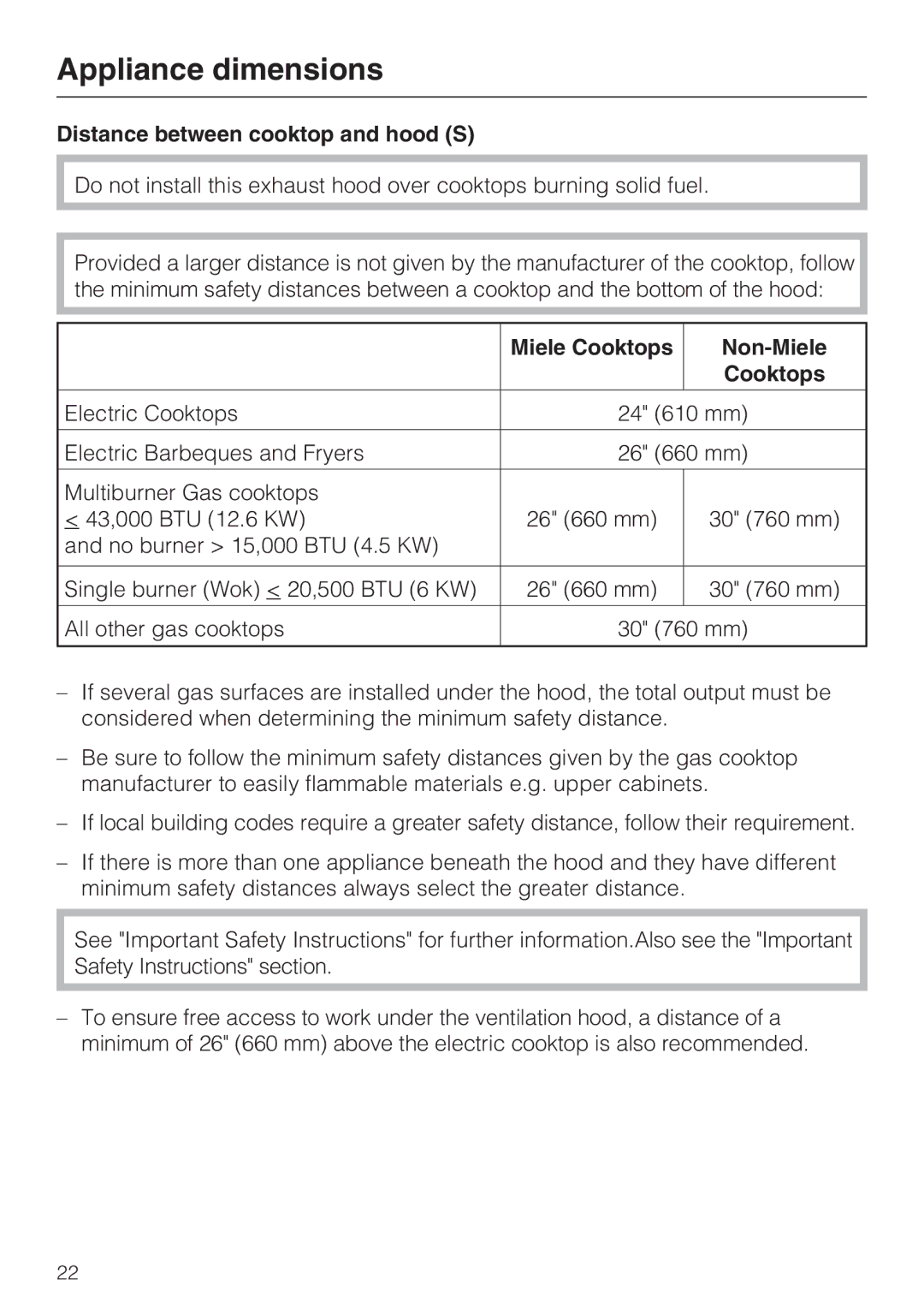 Miele DA 6290 D installation instructions Distance between cooktop and hood S, Miele Cooktops Non-Miele 