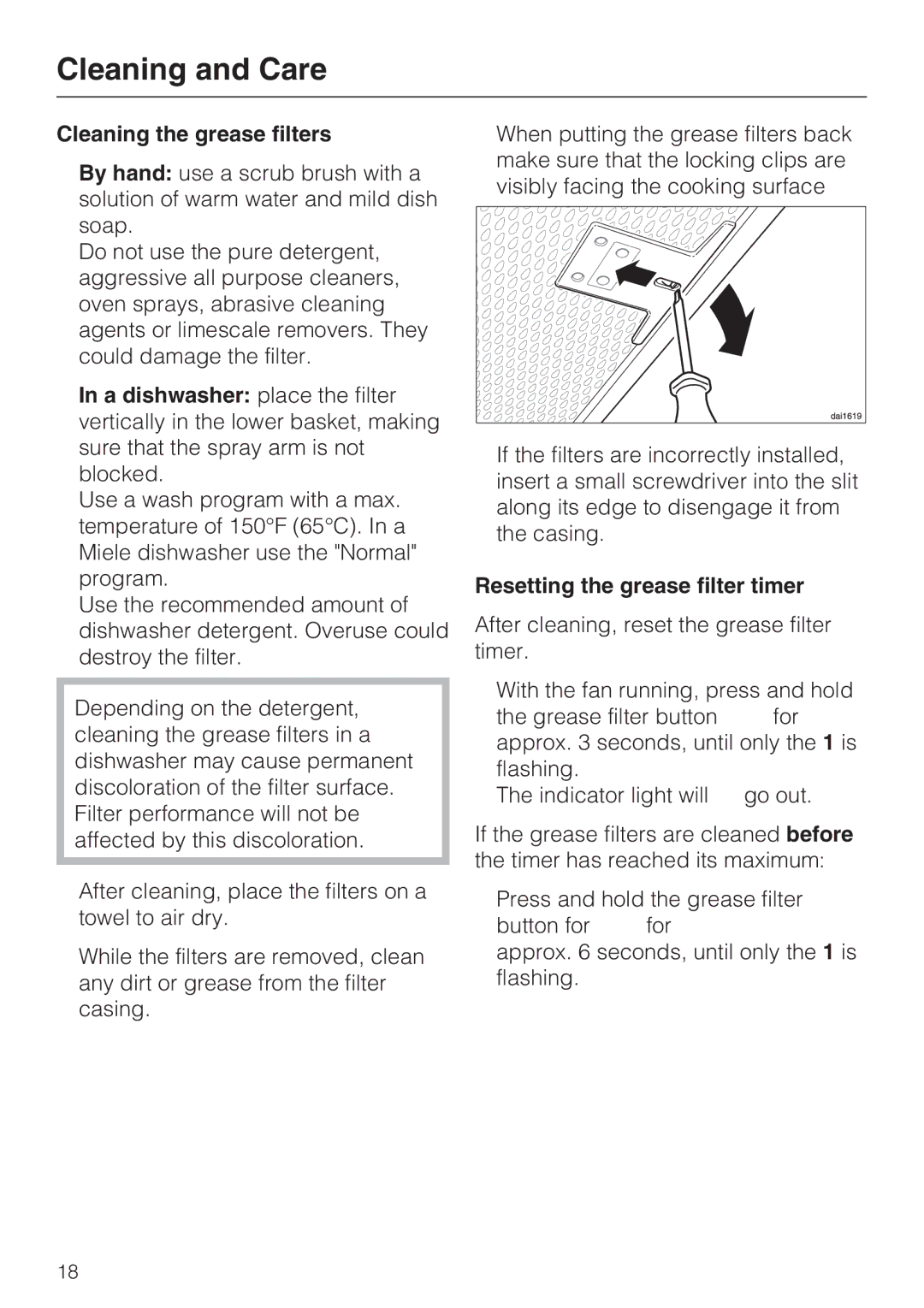 Miele DA 6290 W installation instructions Cleaning the grease filters, Resetting the grease filter timer 