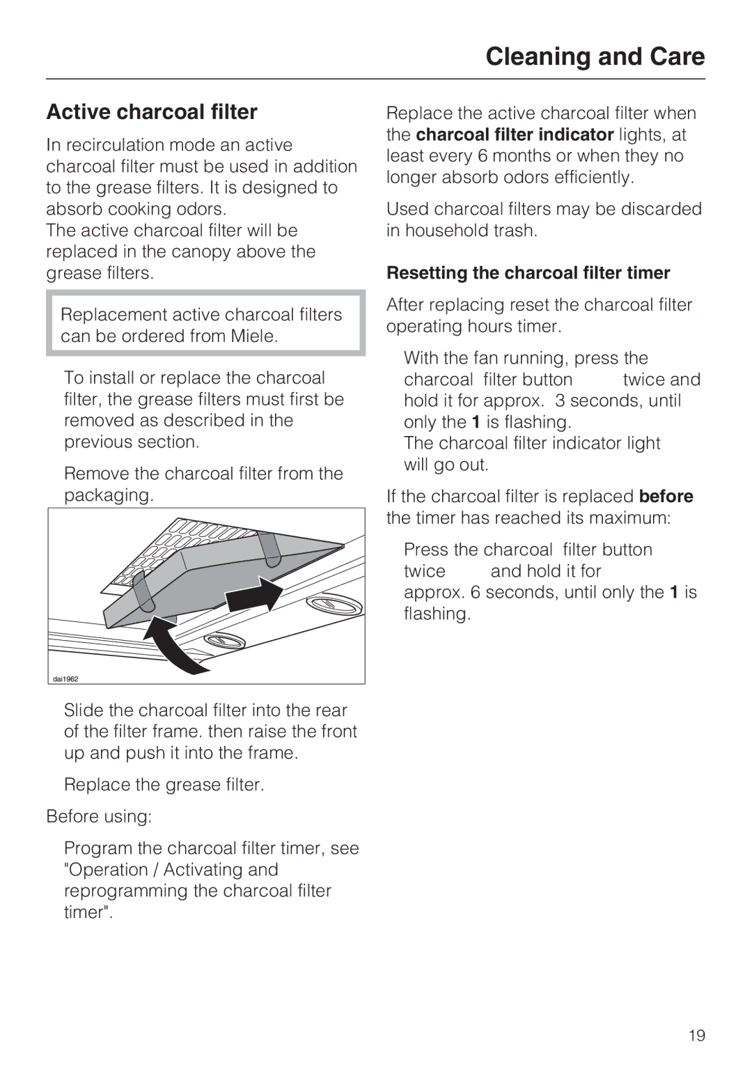 Miele DA 6290 W installation instructions Active charcoal filter, Resetting the charcoal filter timer 