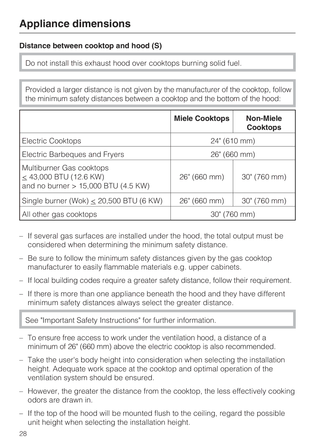 Miele DA 6290 W installation instructions Distance between cooktop and hood S, Miele Cooktops Non-Miele 