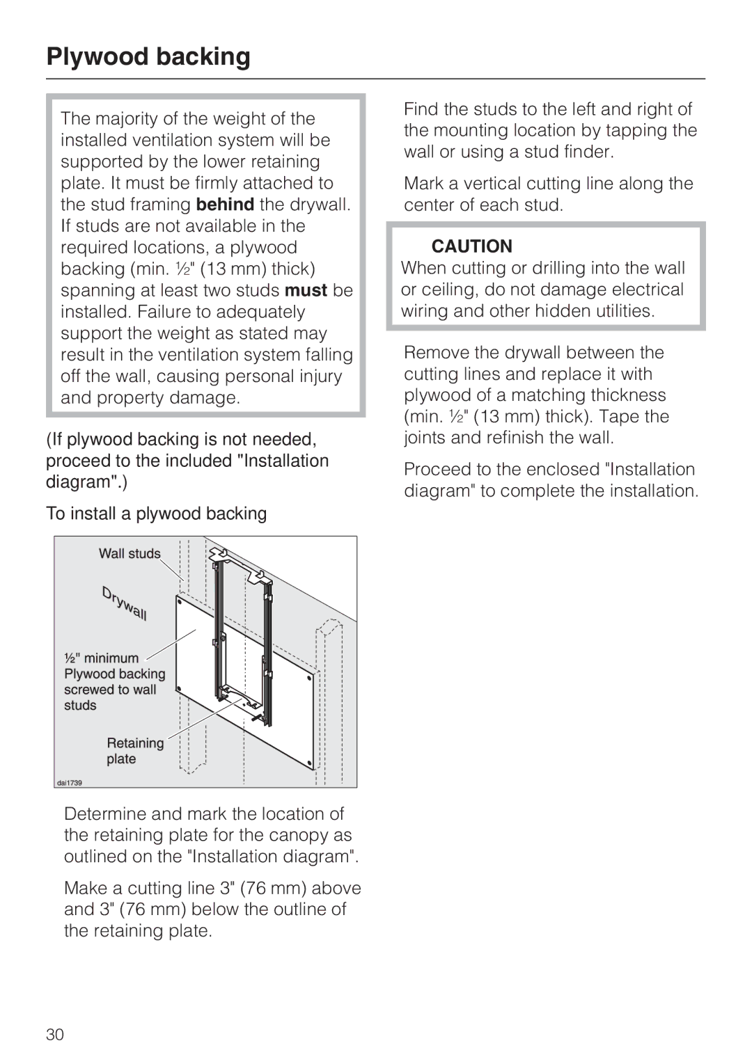 Miele DA 6290 W installation instructions Plywood backing, To install a plywood backing 