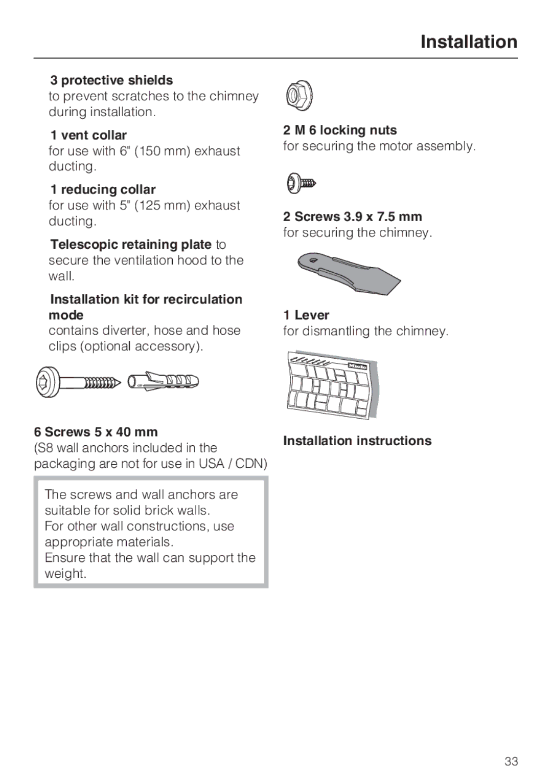 Miele DA 6290 W installation instructions Protective shields, Vent collar, Reducing collar, Screws 5 x 40 mm, locking nuts 