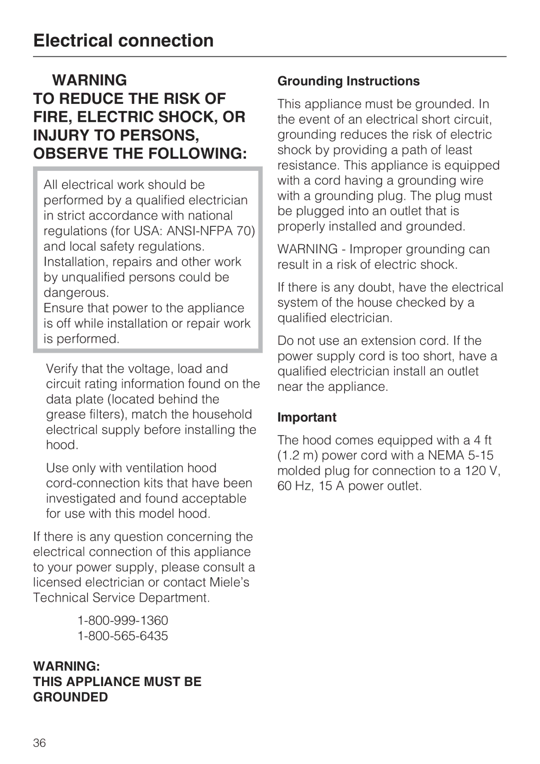 Miele DA 6290 W installation instructions Electrical connection, Grounding Instructions 