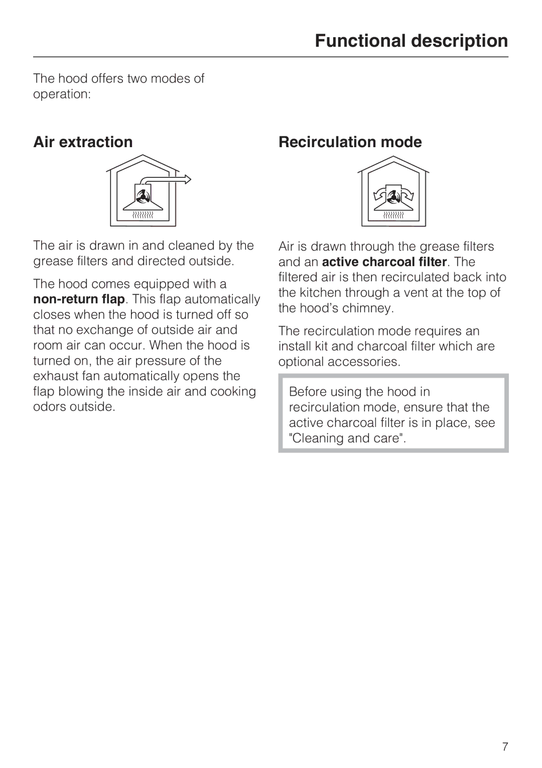 Miele DA 6290 W installation instructions Functional description, Air extraction Recirculation mode 