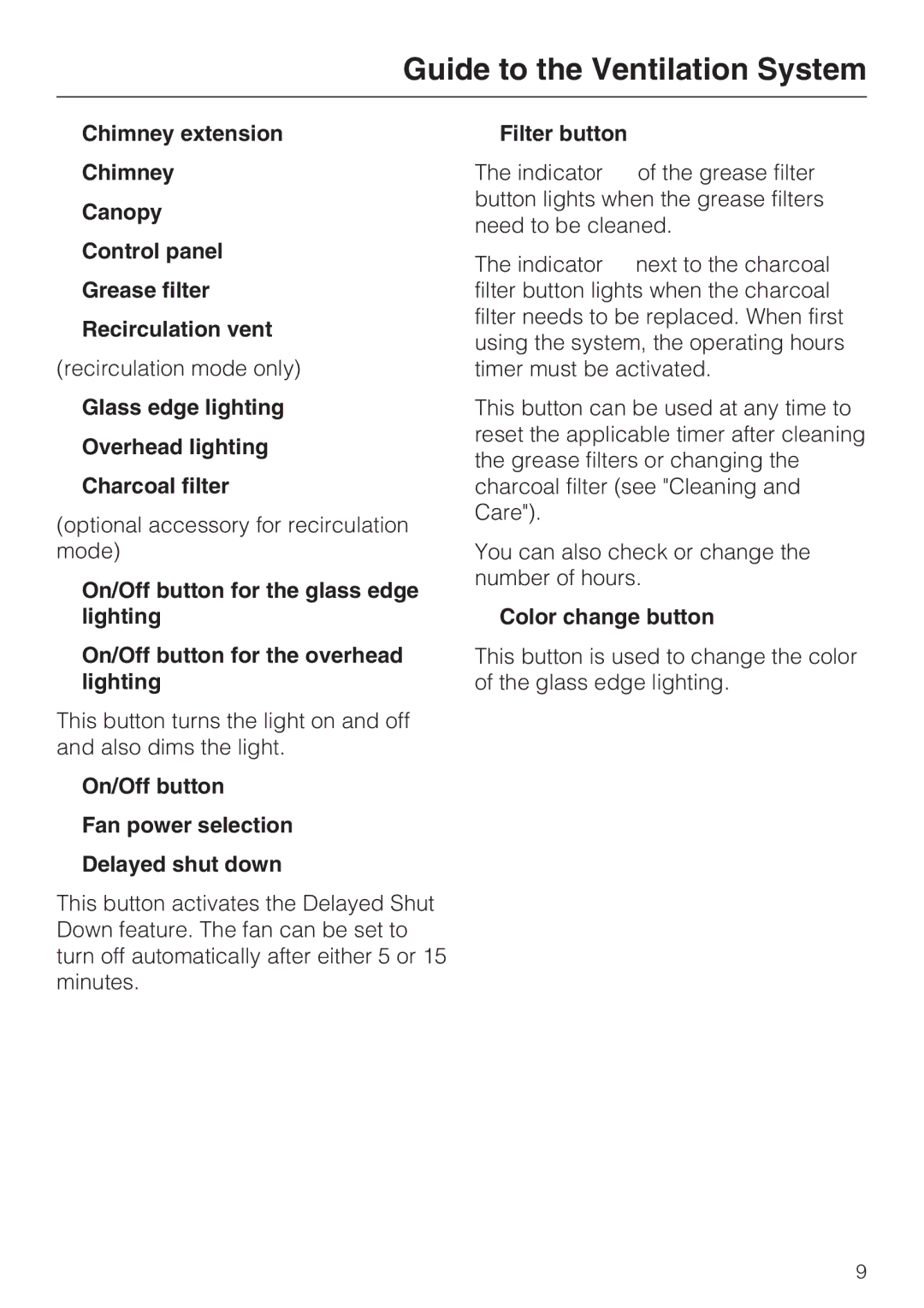 Miele DA 6290 W Glass edge lighting Overhead lighting Charcoal filter, On/Off button Fan power selection Delayed shut down 