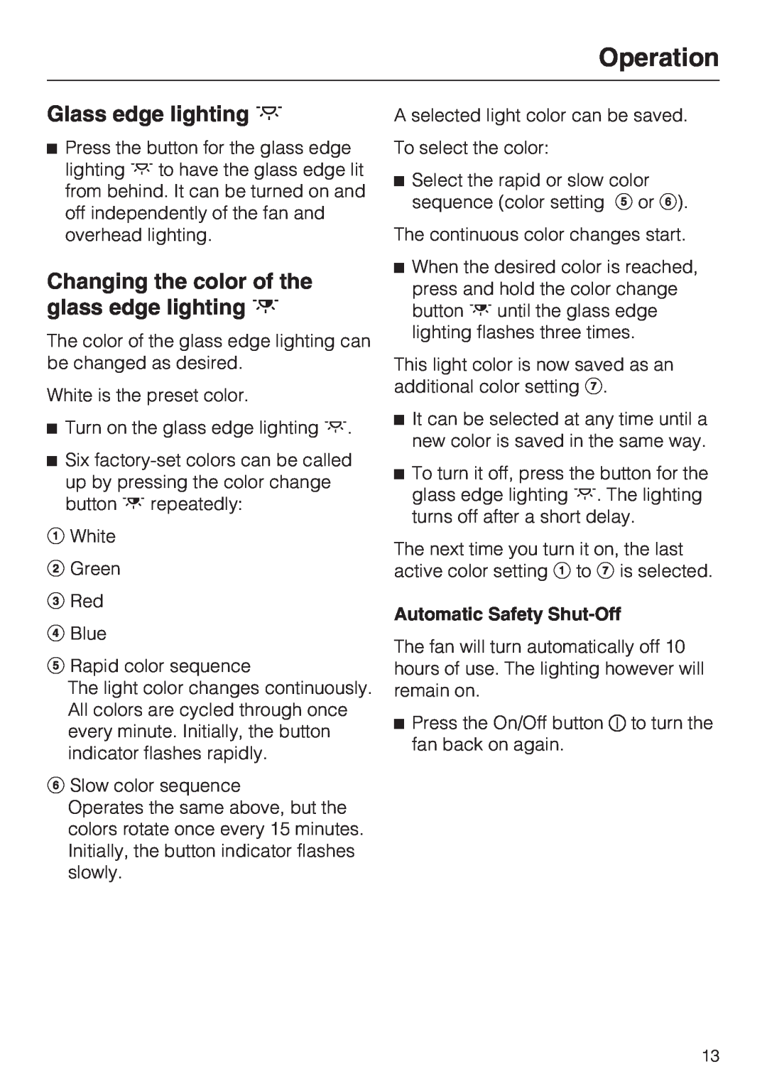 Miele DA 6290 W Glass edge lighting, Changing the color of the glass edge lighting, Operation, Automatic Safety Shut-Off 