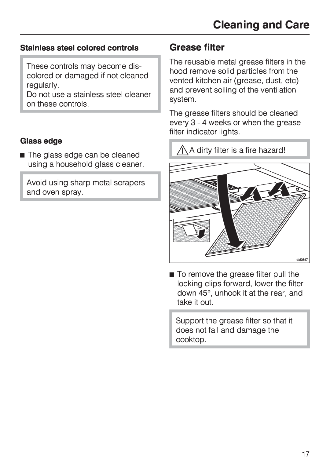 Miele DA 6290 W installation instructions Grease filter, Cleaning and Care, Stainless steel colored controls, Glass edge 