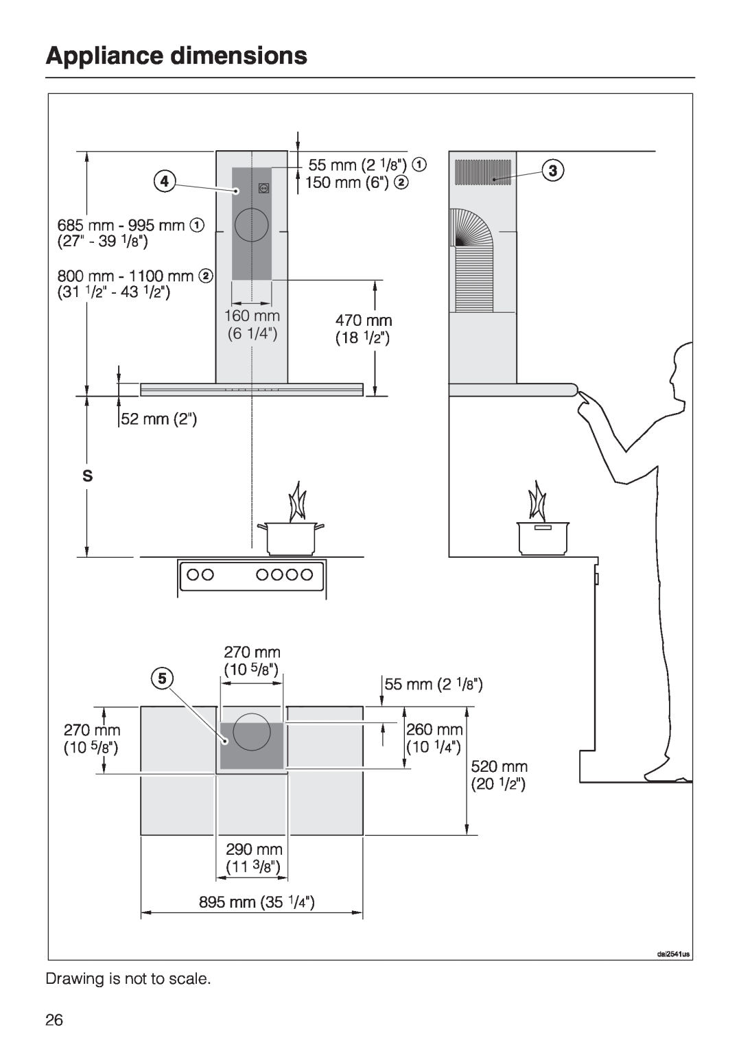 Miele DA 6290 W installation instructions Appliance dimensions, Drawing is not to scale 