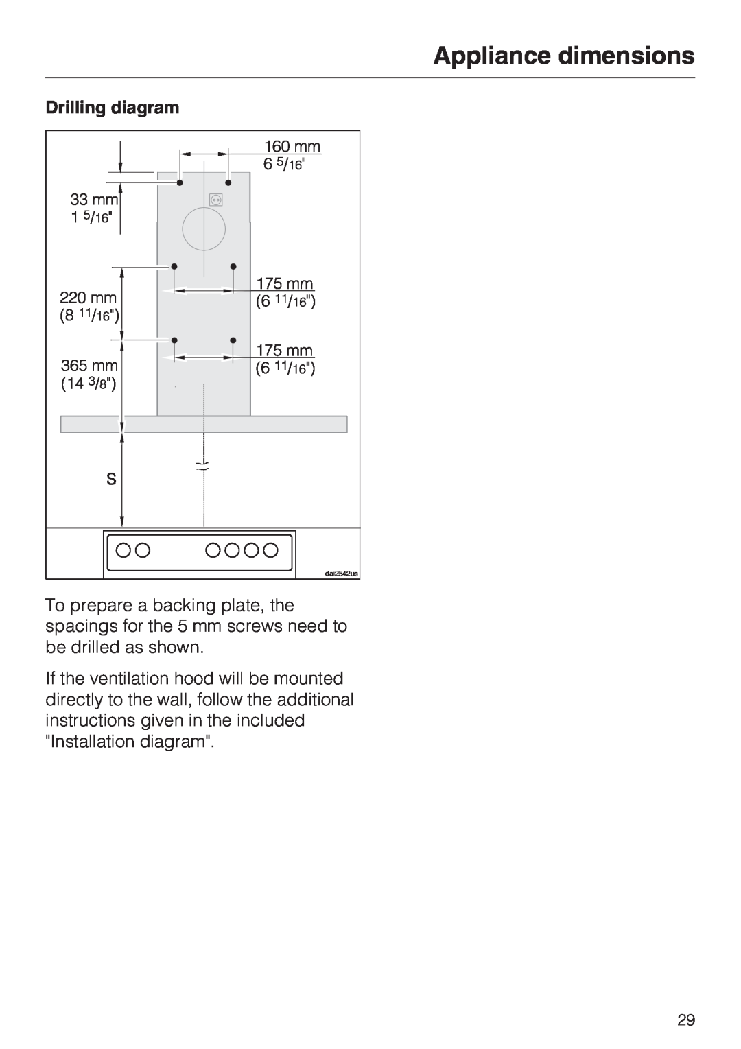 Miele DA 6290 W installation instructions Appliance dimensions, Drilling diagram, dai2542us 