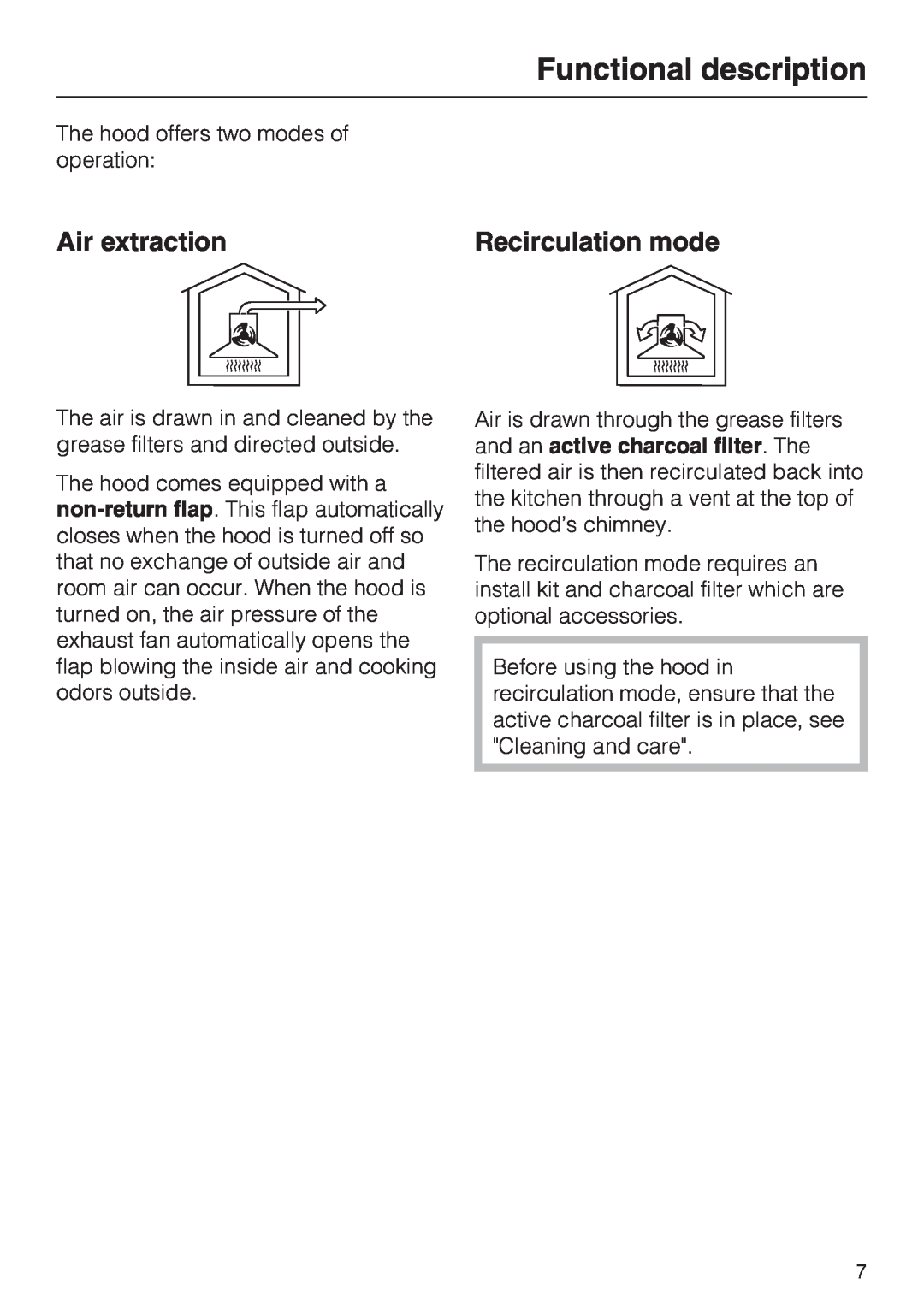 Miele DA 6290 W installation instructions Functional description, Air extraction, Recirculation mode 