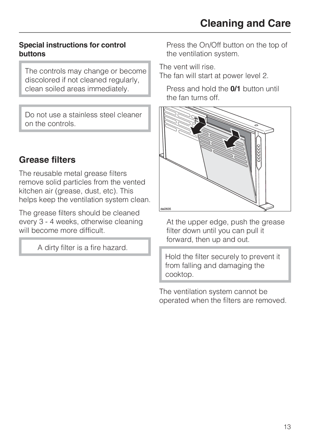 Miele DA 6480, DA 6490, DAG 500, DAG 1000 installation instructions Grease filters, Special instructions for control buttons 