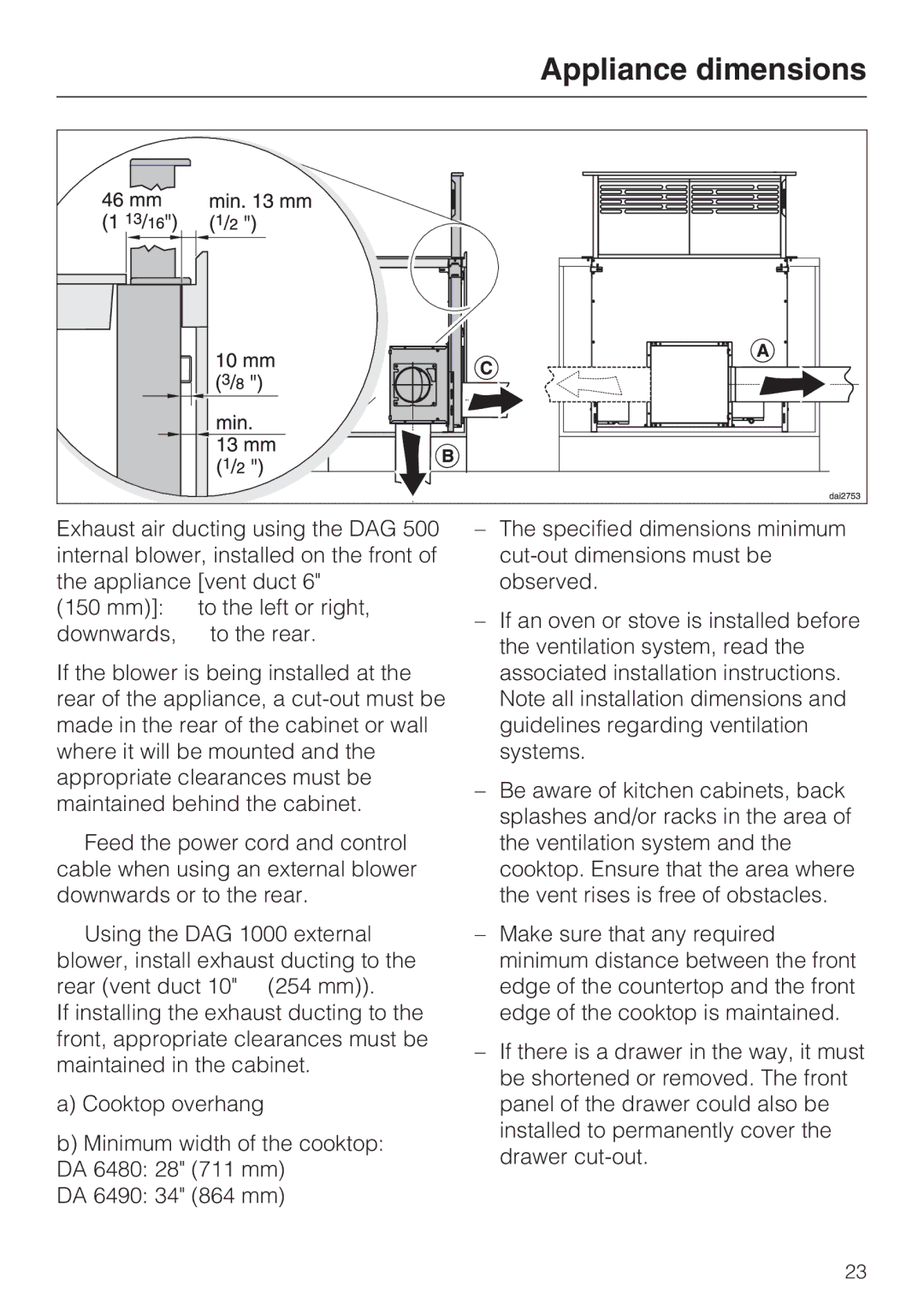 Miele DAG 1000, DA 6490, DA 6480, DAG 500 installation instructions Appliance dimensions 