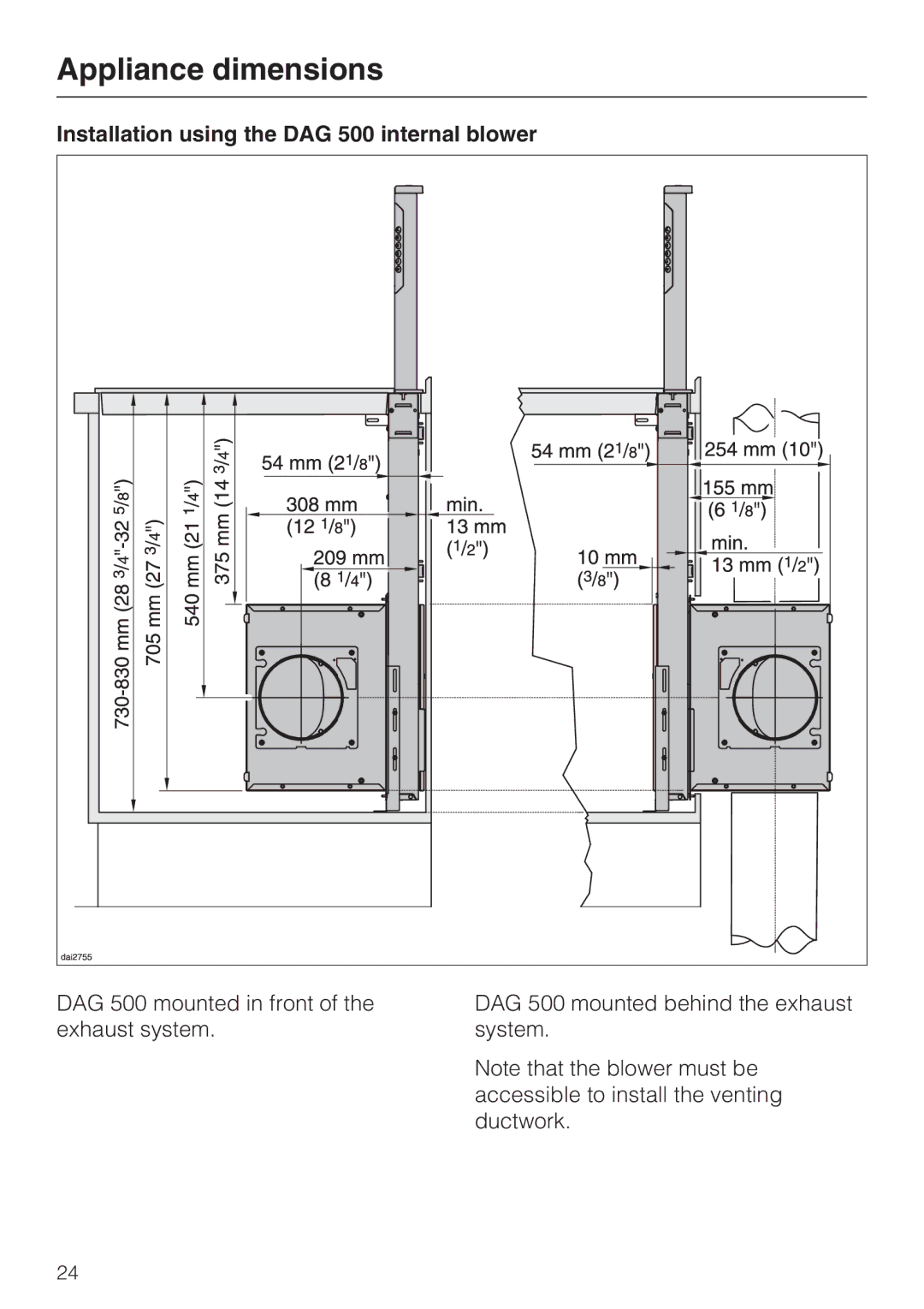 Miele DA 6490, DA 6480, DAG 1000 installation instructions Installation using the DAG 500 internal blower 