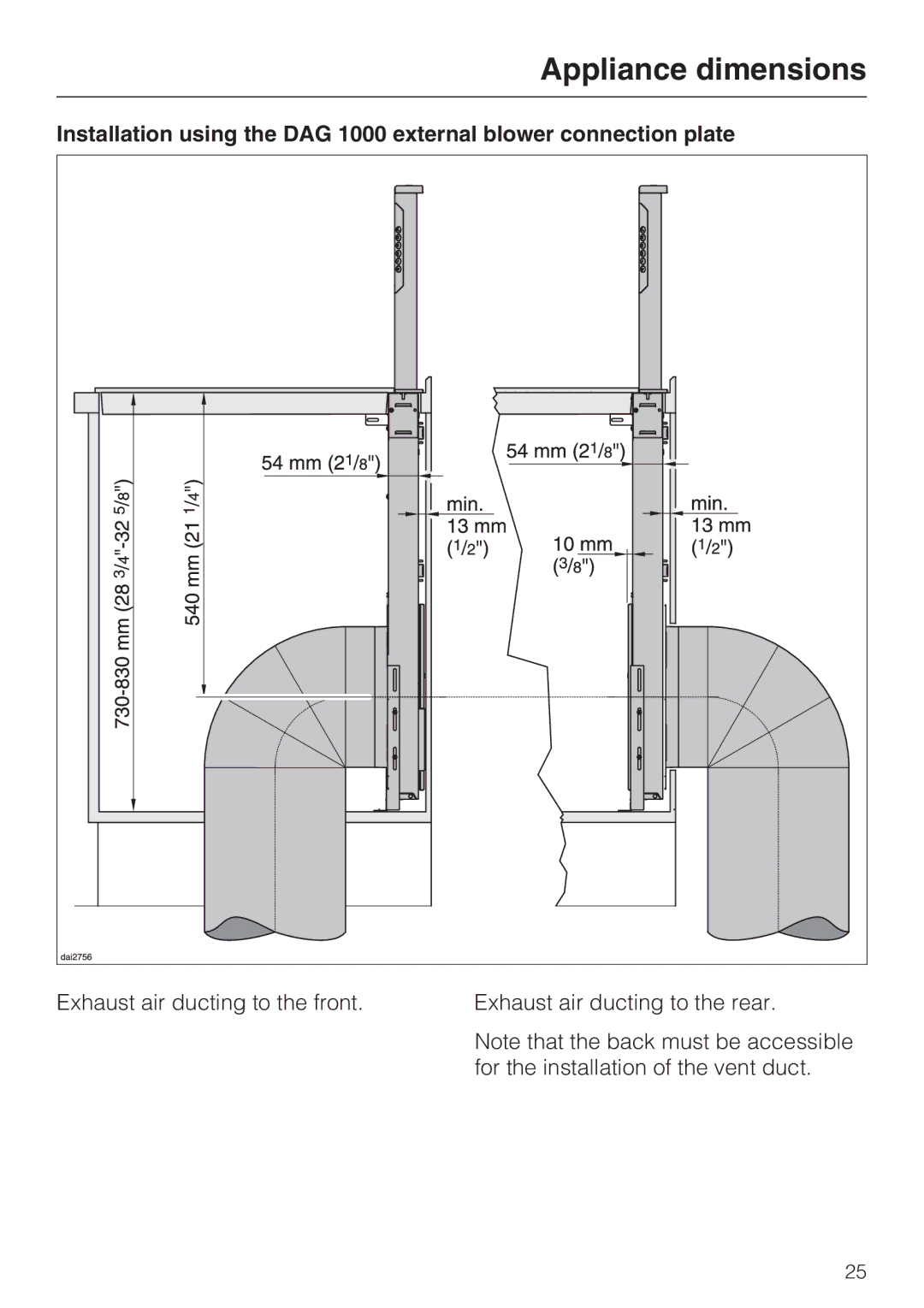 Miele DA 6480, DA 6490, DAG 500, DAG 1000 installation instructions Appliance dimensions 