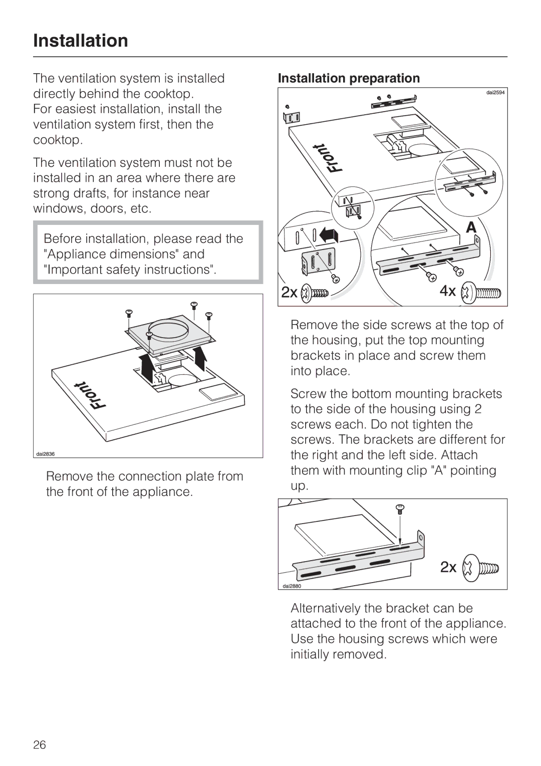 Miele DAG 500, DA 6490, DA 6480, DAG 1000 installation instructions Installation preparation 