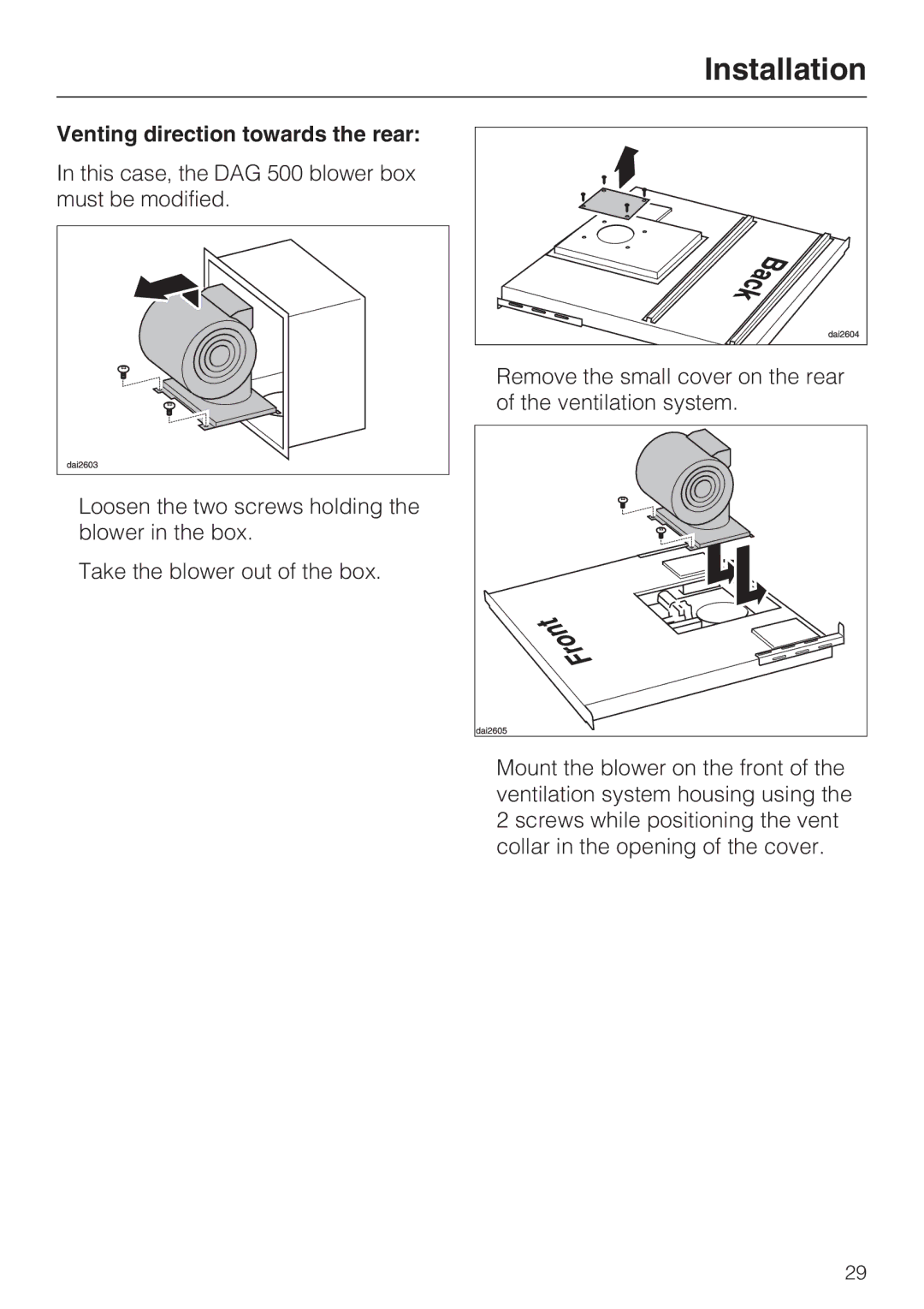 Miele DA 6480, DA 6490, DAG 500, DAG 1000 installation instructions Venting direction towards the rear 