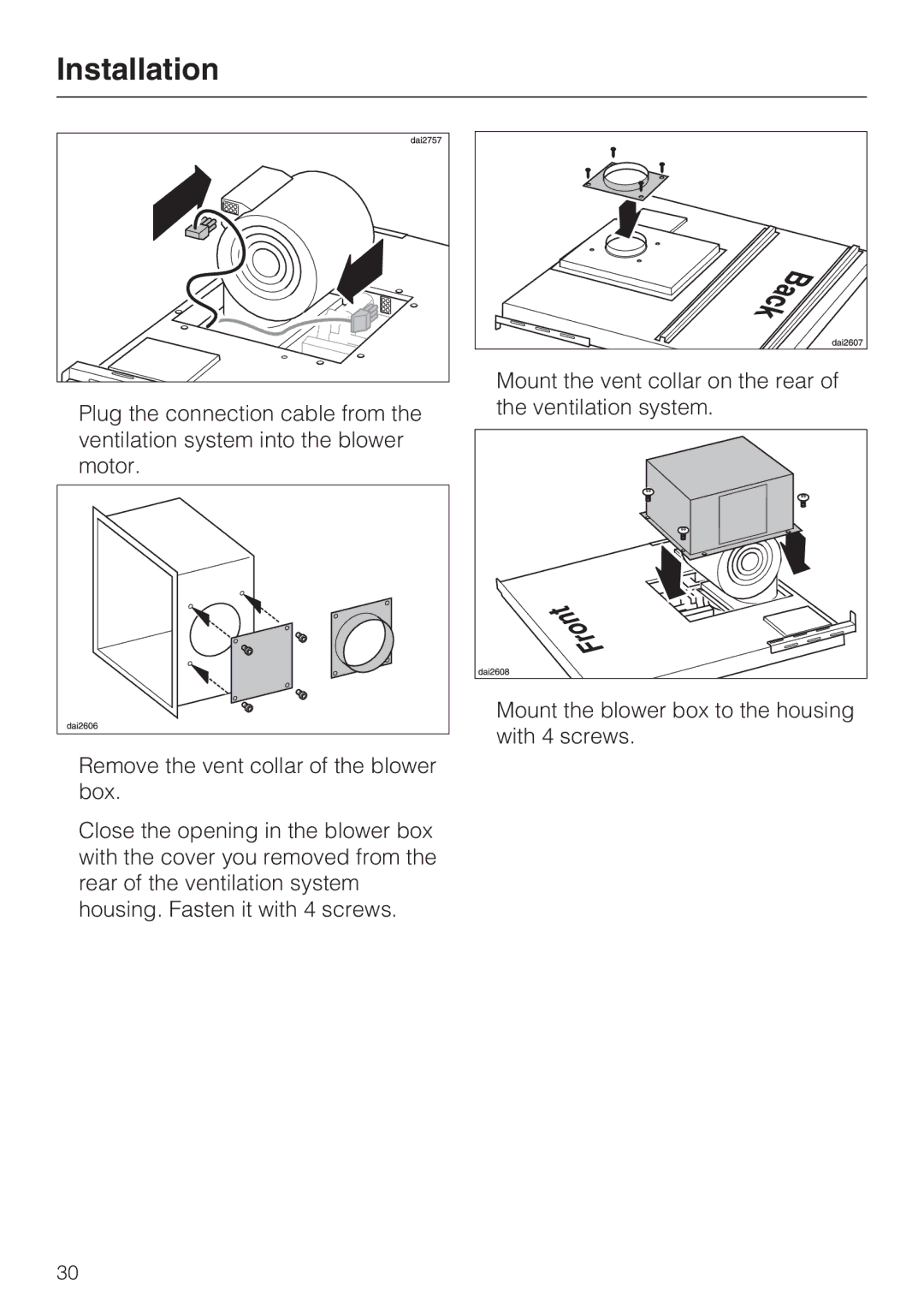 Miele DAG 500, DA 6490, DA 6480, DAG 1000 installation instructions Mount the vent collar on the rear 