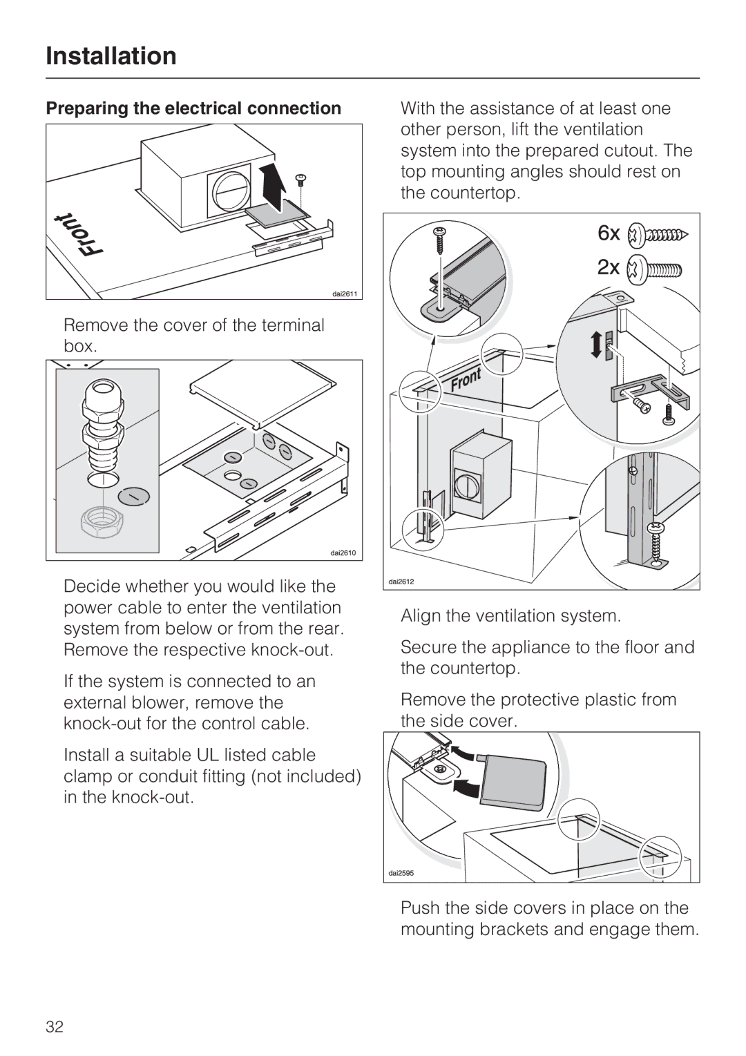 Miele DA 6490, DA 6480, DAG 500, DAG 1000 installation instructions Preparing the electrical connection 