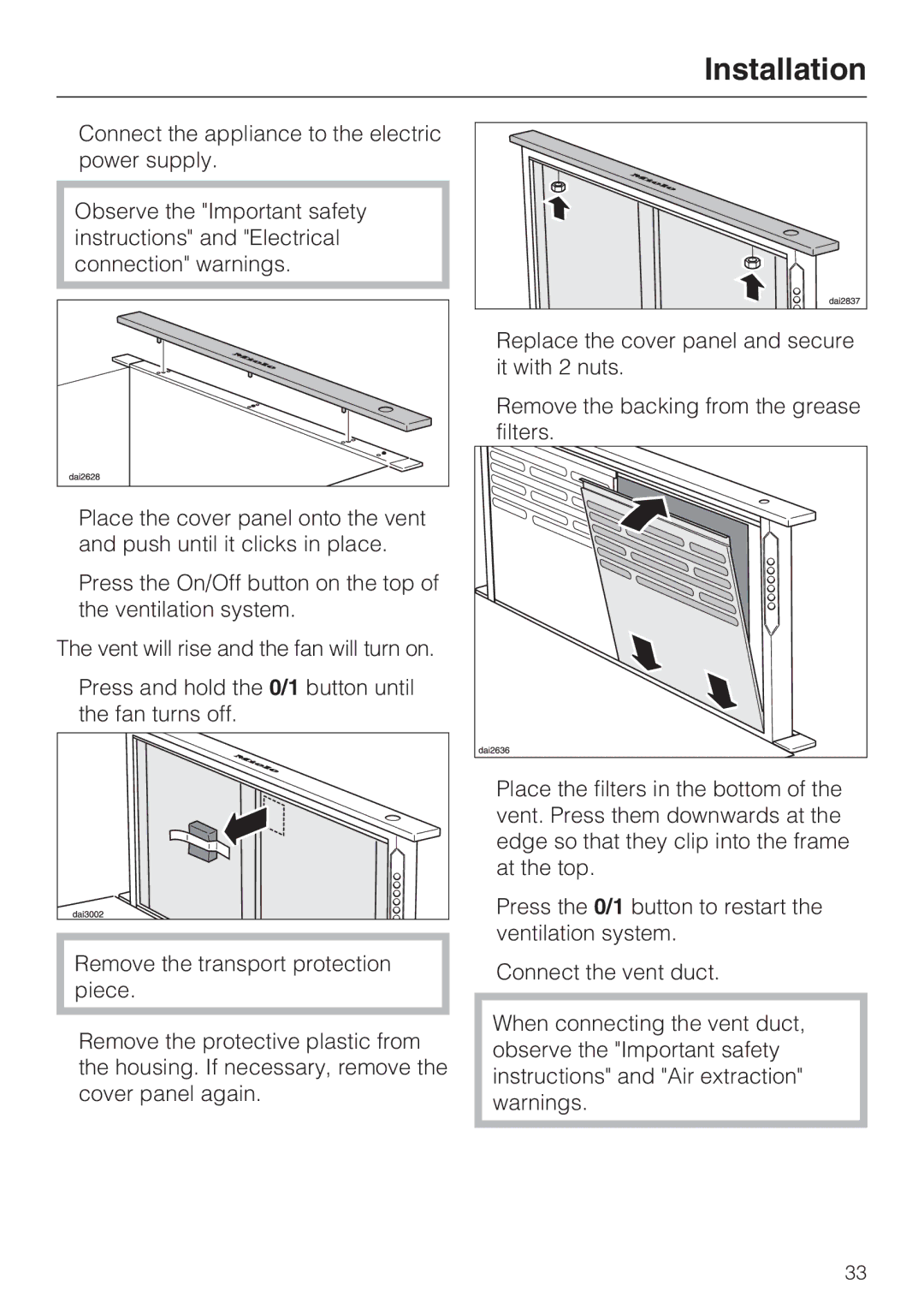 Miele DA 6480, DA 6490, DAG 500, DAG 1000 installation instructions Installation 