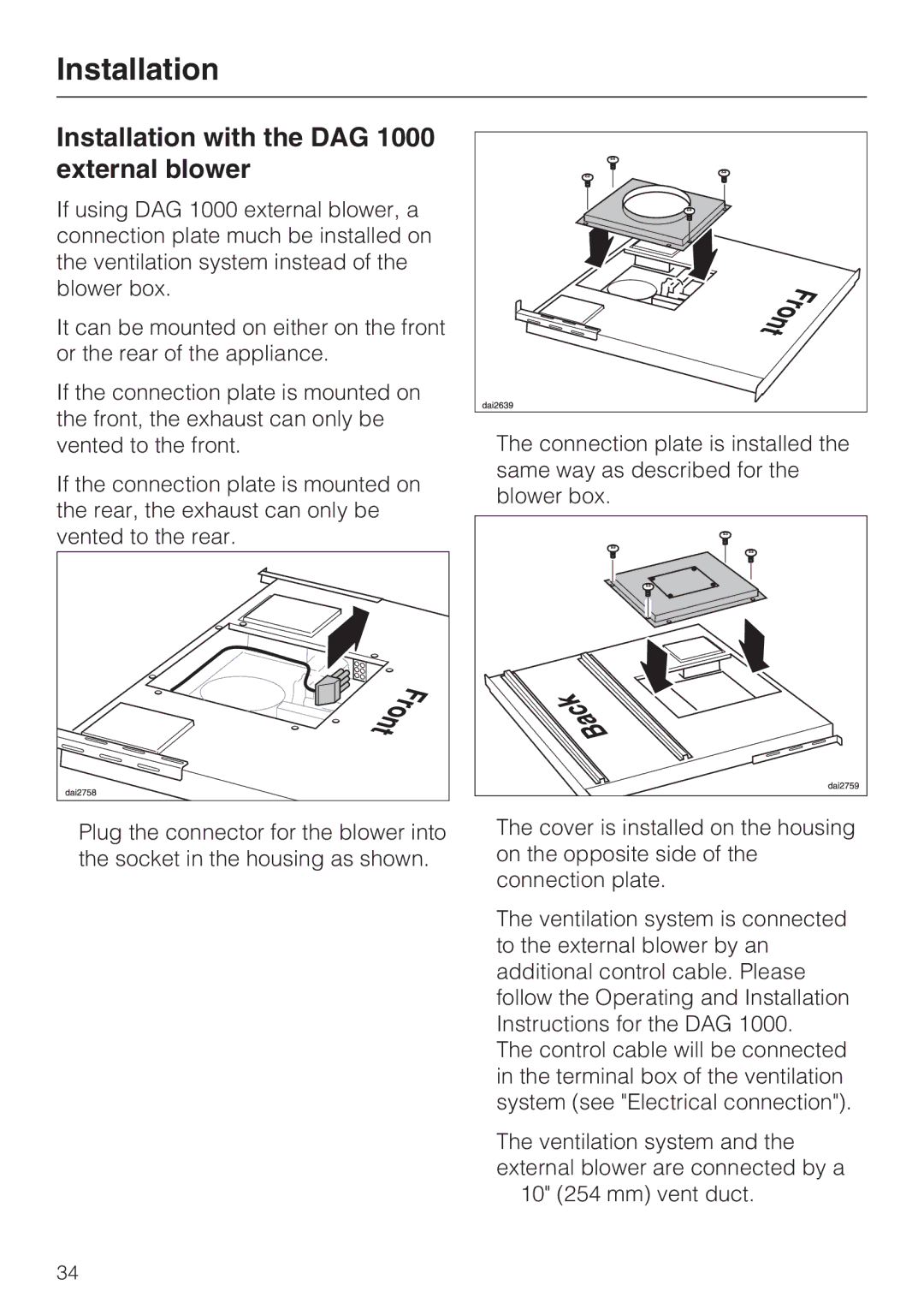 Miele DAG 500, DA 6490, DA 6480 installation instructions Installation with the DAG 1000 external blower 