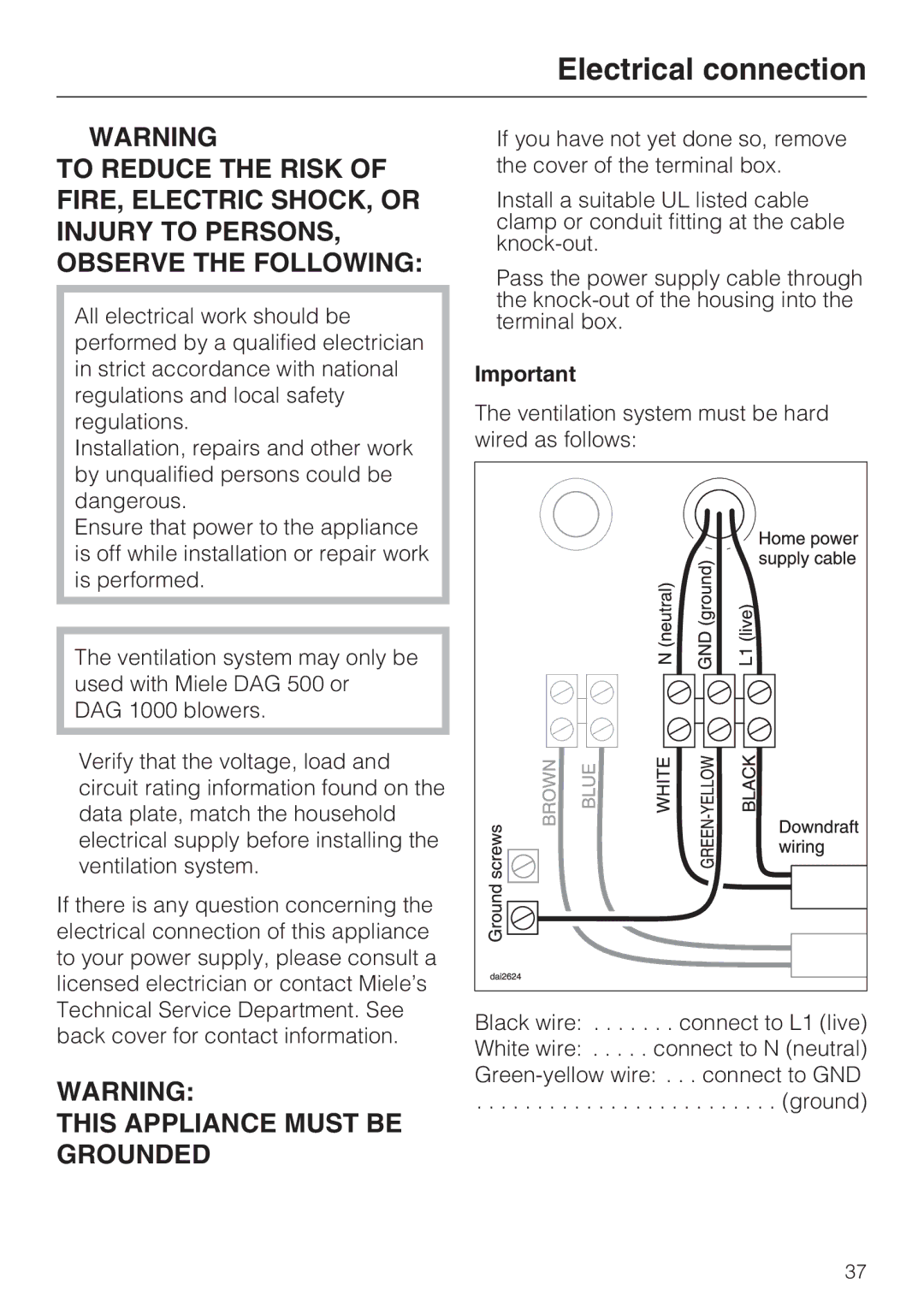 Miele DA 6480, DA 6490, DAG 500, DAG 1000 installation instructions Electrical connection, This Appliance Must be Grounded 