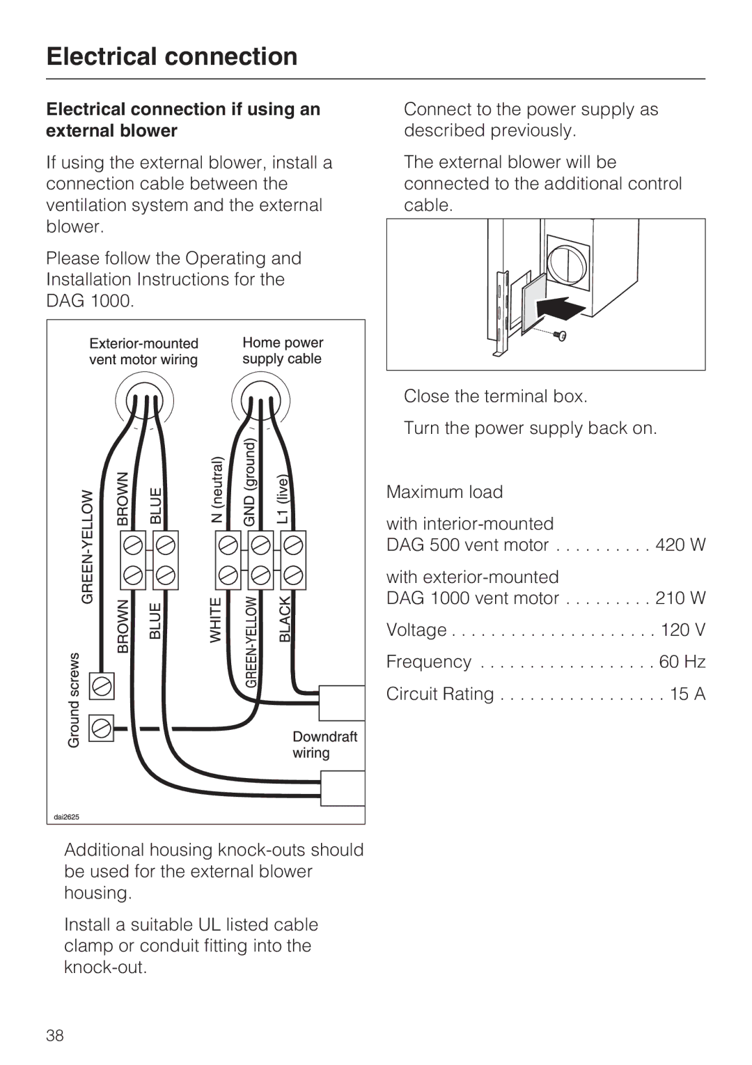 Miele DAG 500, DA 6490, DA 6480, DAG 1000 installation instructions Electrical connection if using an external blower 