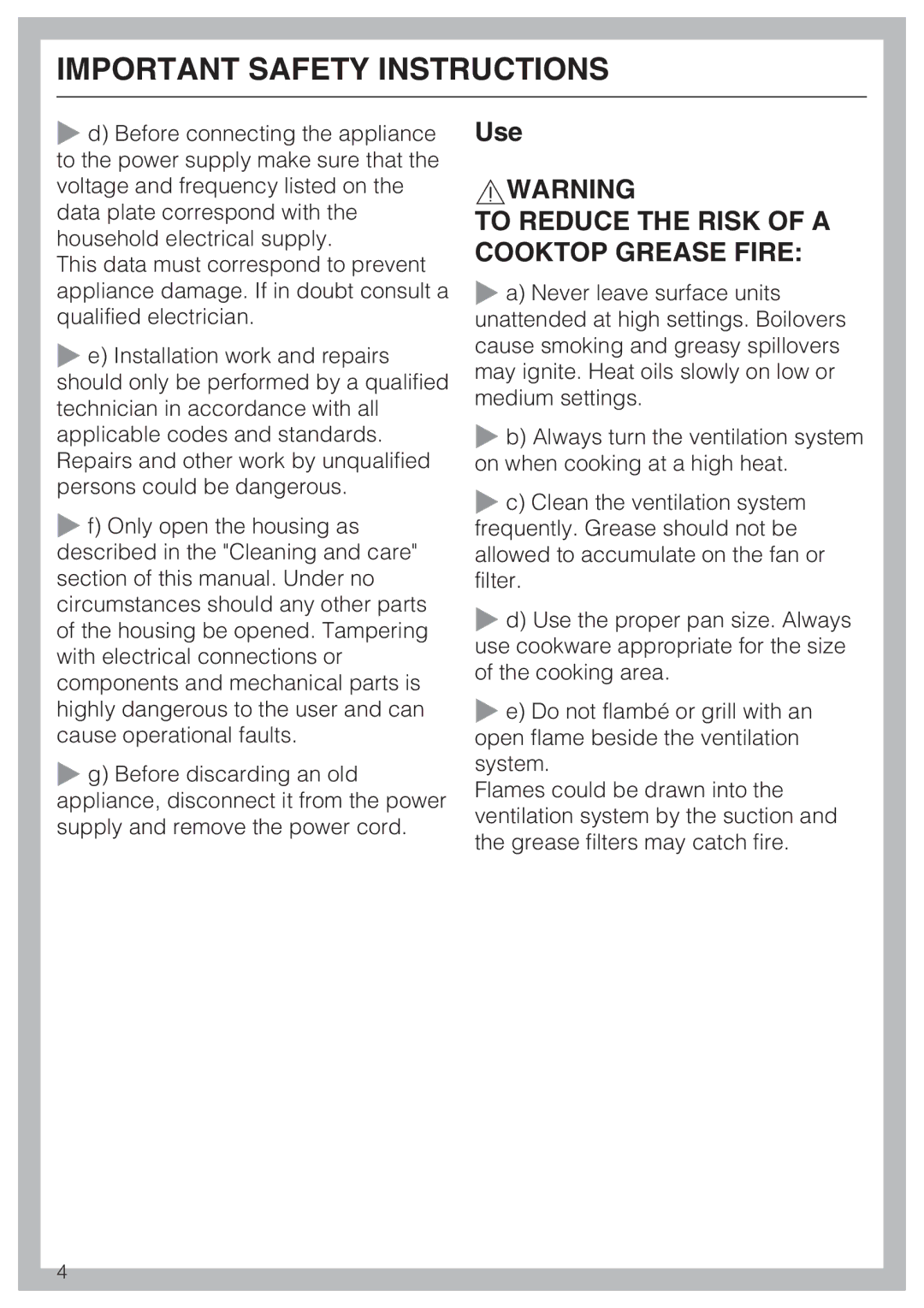 Miele DA 6490, DA 6480, DAG 500, DAG 1000 installation instructions Use, To Reduce the Risk of a Cooktop Grease Fire 