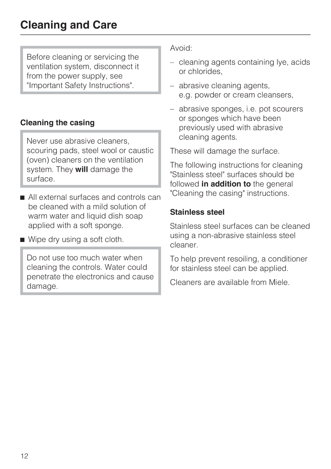 Miele DA 6490, DA 6480, DAG 500, DAG 1000 installation instructions Cleaning and Care, Cleaning the casing, Stainless steel 