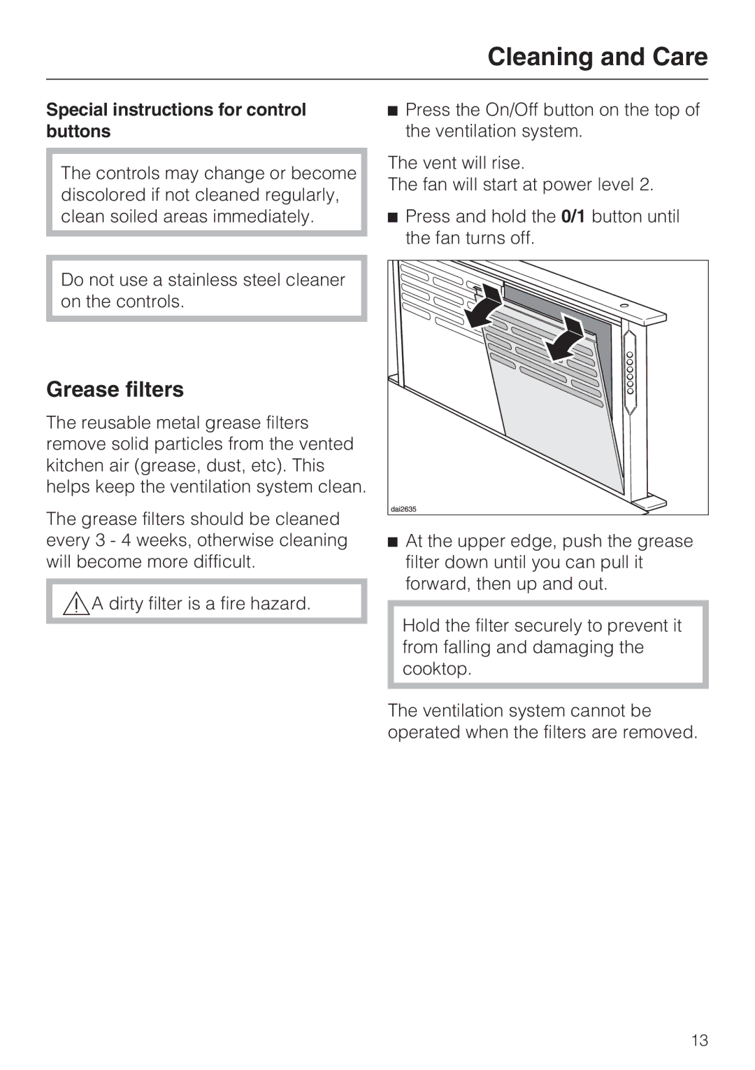 Miele DA 6480, DA 6490, DAG 500, DAG 1000 installation instructions Grease filters, Special instructions for control buttons 