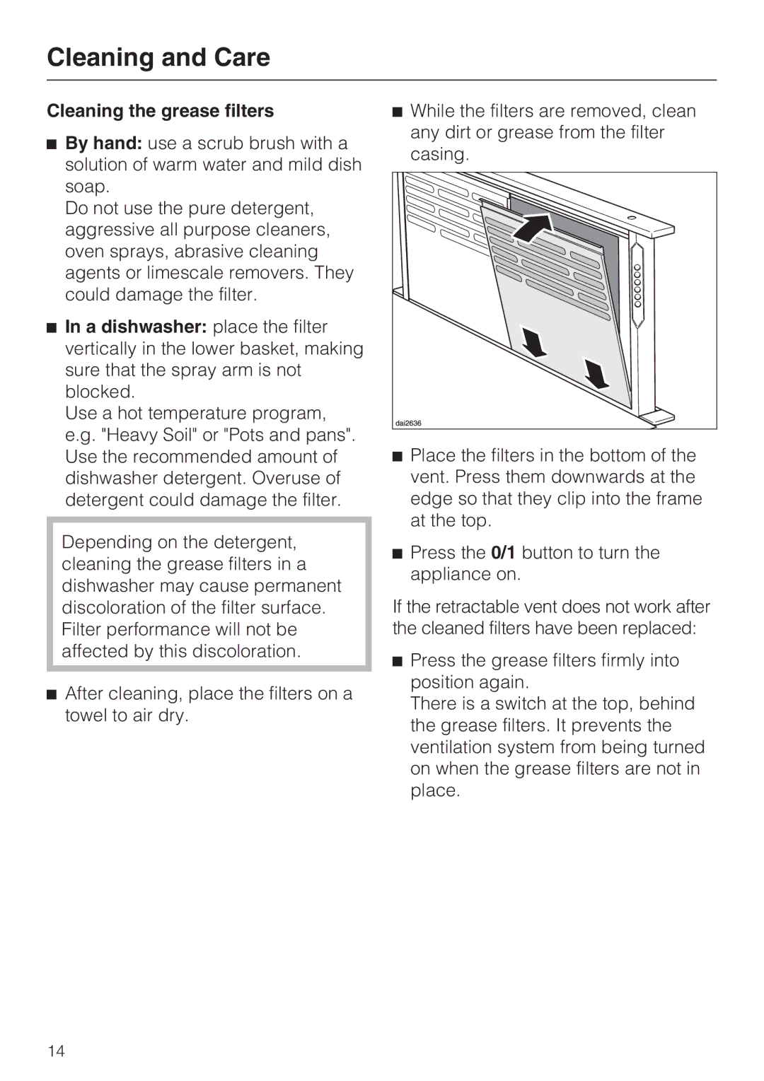 Miele DAG 500, DA 6490, DA 6480, DAG 1000 installation instructions Cleaning the grease filters 