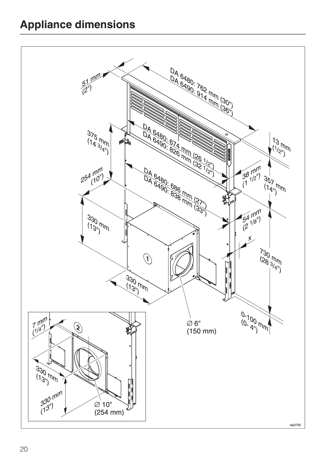 Miele DA 6490, DA 6480, DAG 500, DAG 1000 installation instructions Appliance dimensions 