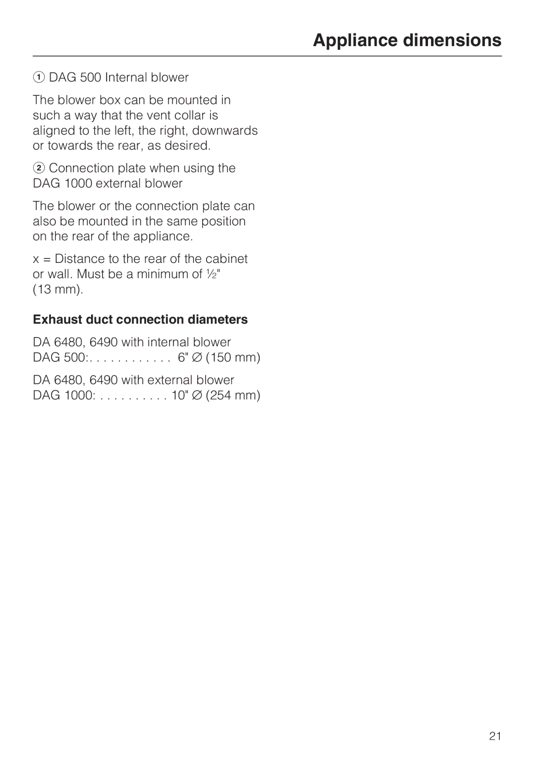 Miele DA 6480, DA 6490, DAG 500, DAG 1000 installation instructions Exhaust duct connection diameters 