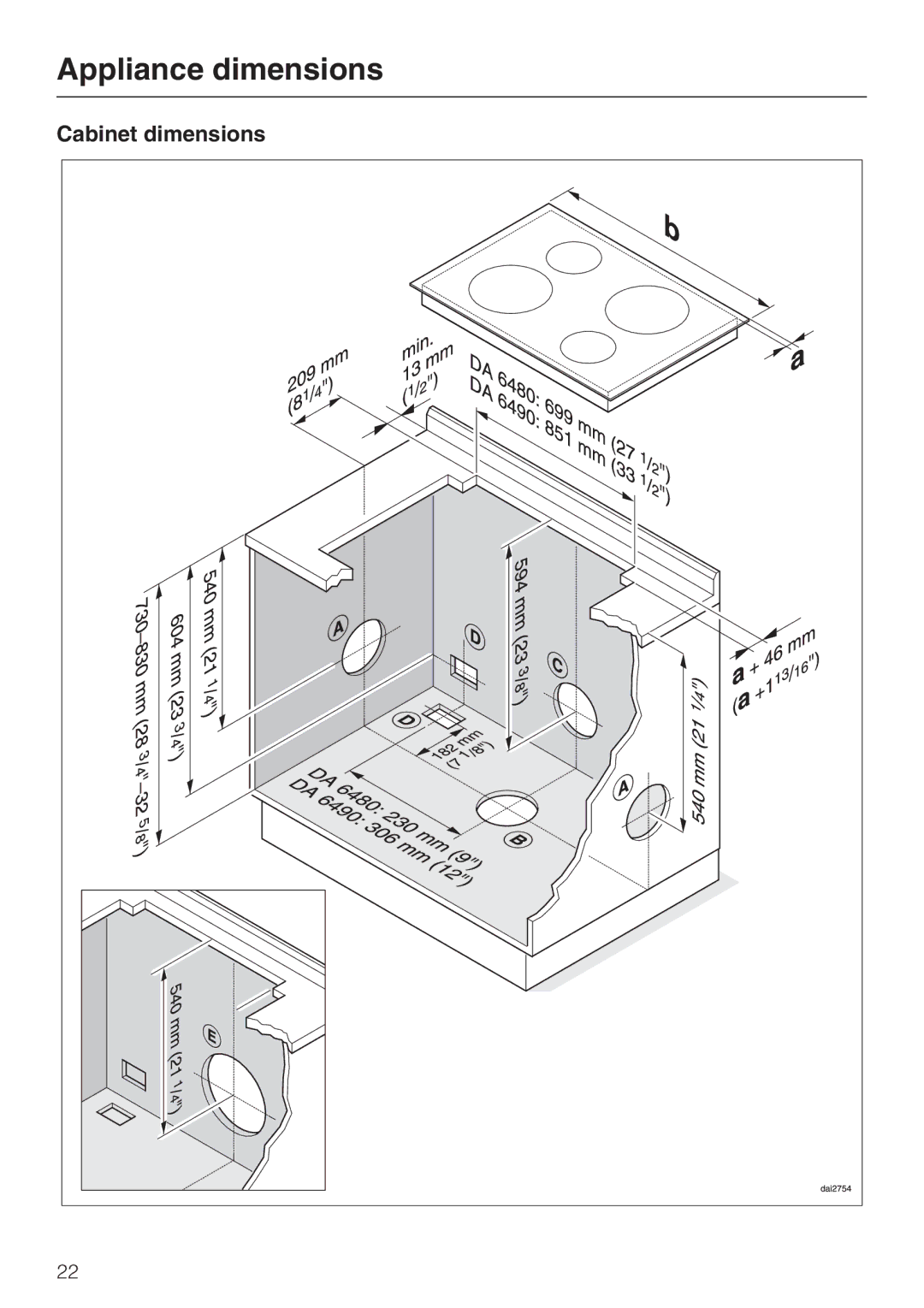 Miele DAG 500, DA 6490, DA 6480, DAG 1000 installation instructions Cabinet dimensions 