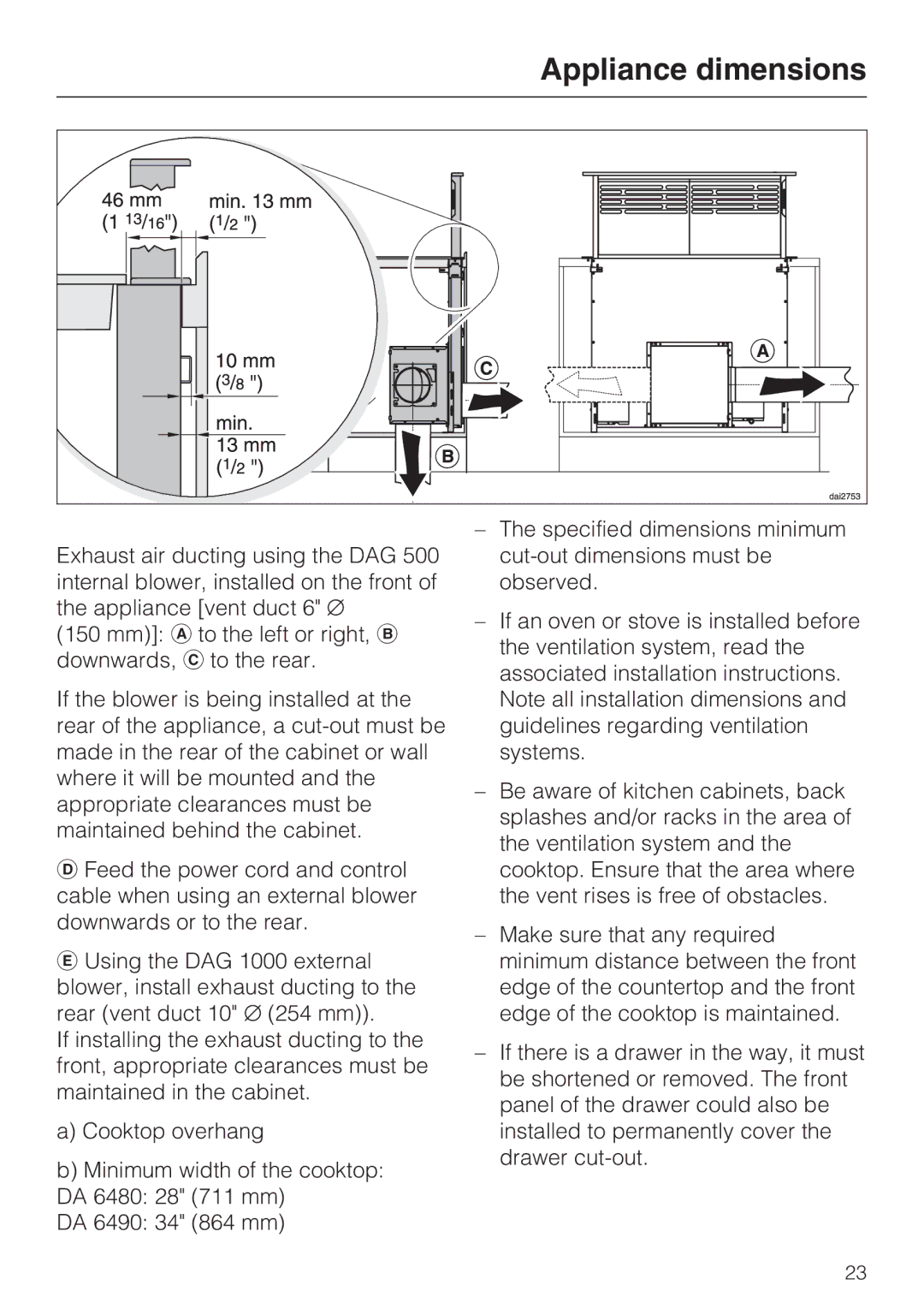 Miele DAG 1000, DA 6490, DA 6480, DAG 500 installation instructions Appliance dimensions 