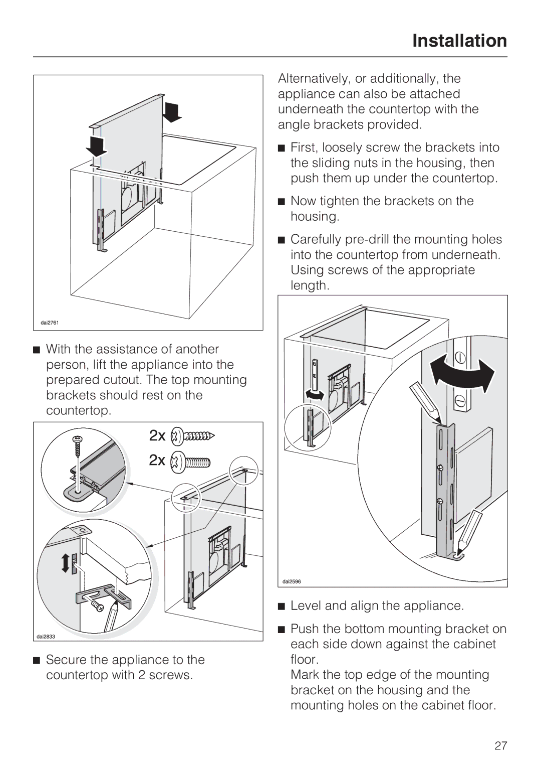 Miele DAG 1000, DA 6490, DA 6480, DAG 500 installation instructions Installation 