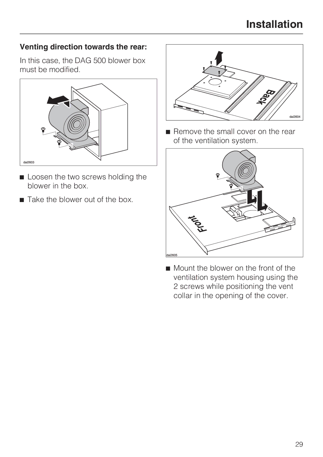 Miele DA 6480, DA 6490, DAG 500, DAG 1000 installation instructions Venting direction towards the rear 