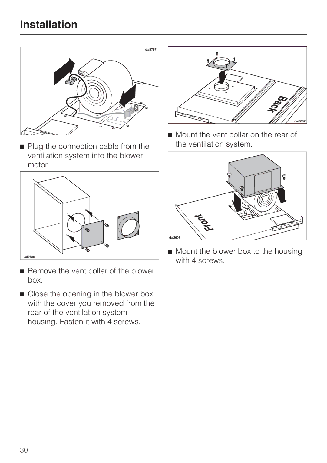 Miele DAG 500, DA 6490, DA 6480, DAG 1000 installation instructions Mount the vent collar on the rear 