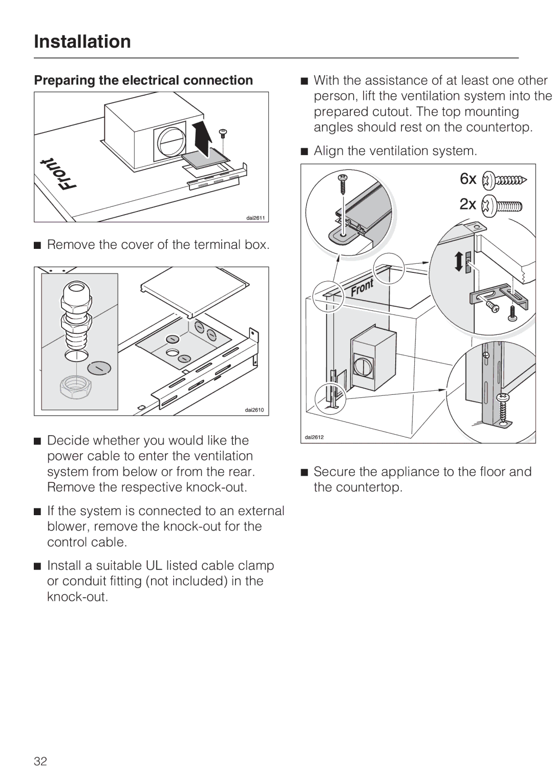 Miele DA 6490, DA 6480, DAG 500, DAG 1000 installation instructions Preparing the electrical connection 