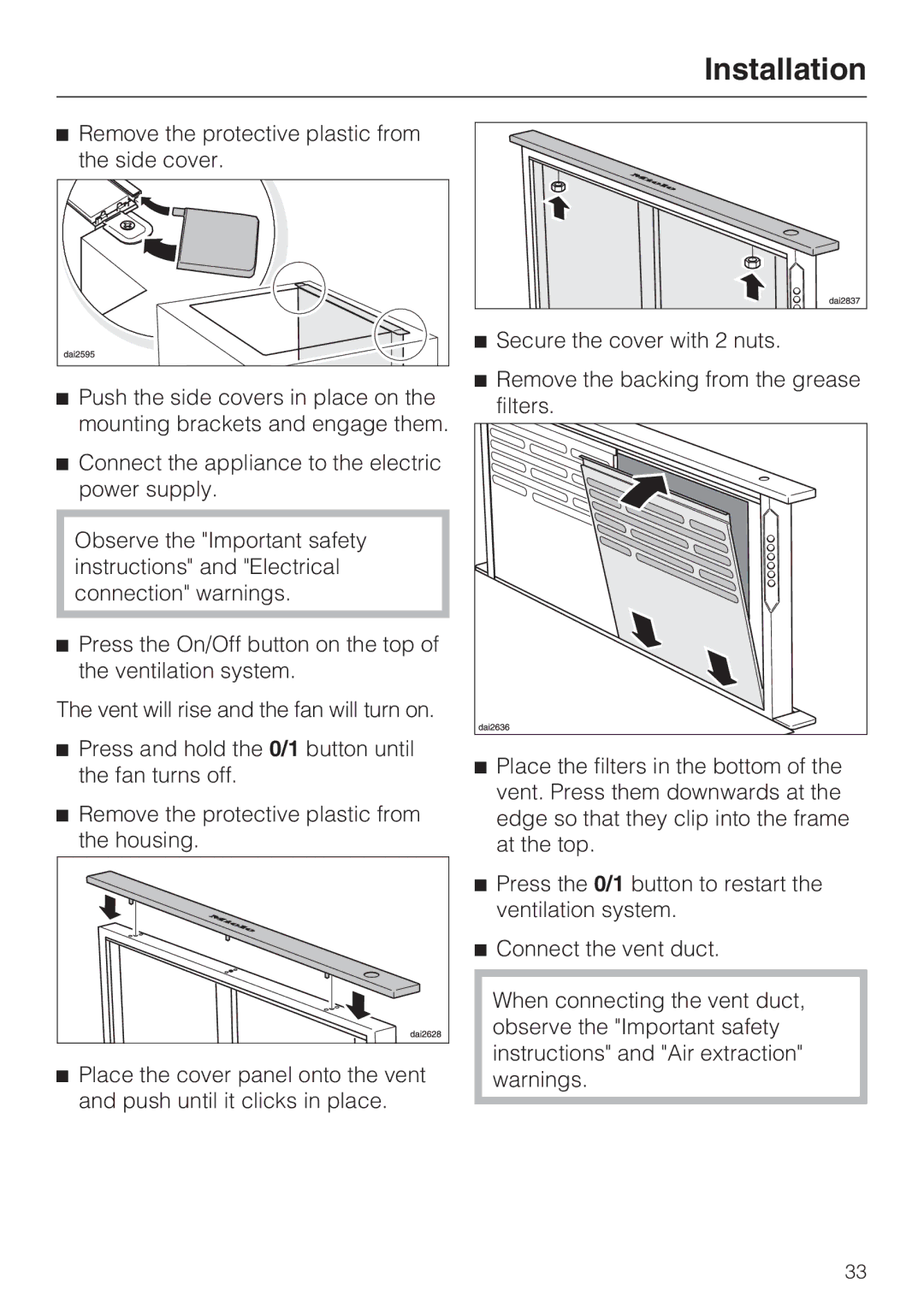 Miele DA 6480, DA 6490, DAG 500, DAG 1000 installation instructions Installation 