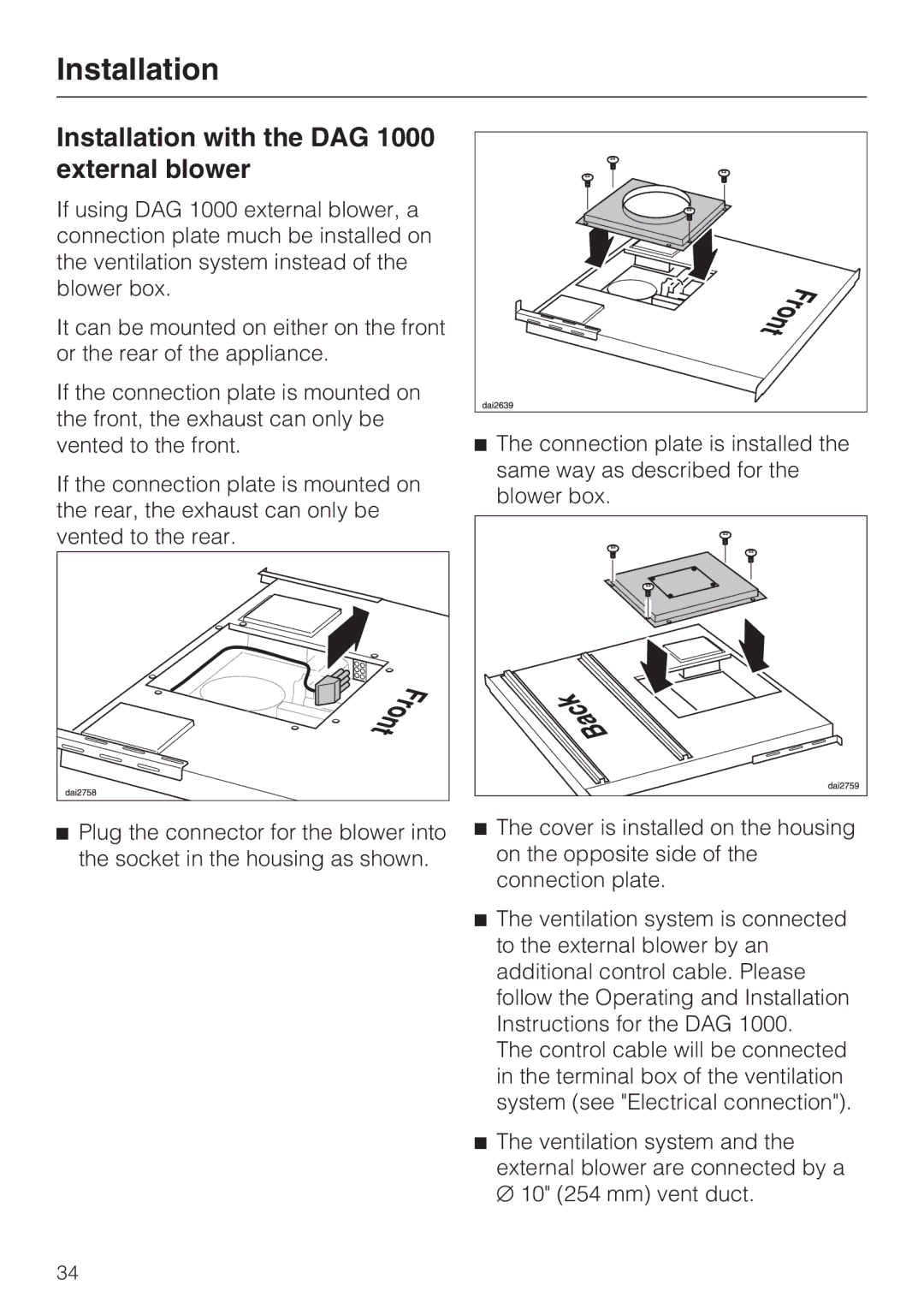 Miele DAG 500, DA 6490, DA 6480 installation instructions Installation with the DAG 1000 external blower 