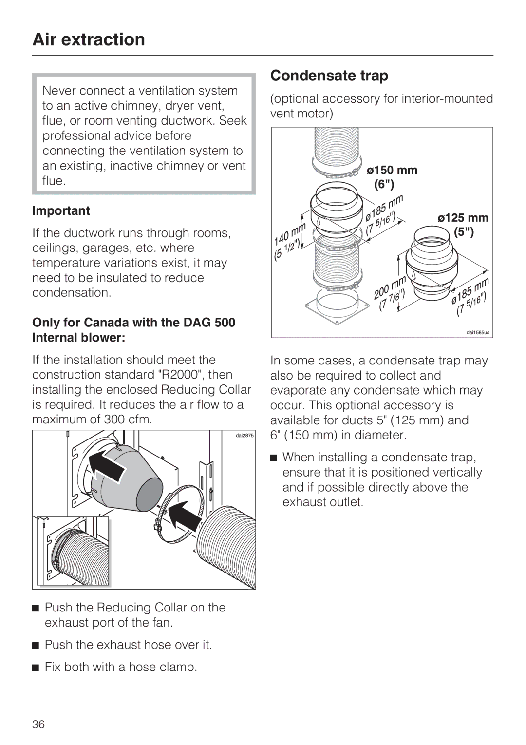 Miele DA 6490, DA 6480, DAG 1000 installation instructions Condensate trap, Only for Canada with the DAG 500 Internal blower 