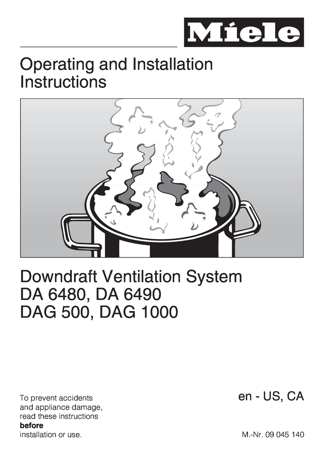 Miele installation instructions Operating and Installation Instructions, Downdraft Ventilation System DA 6480, DA 