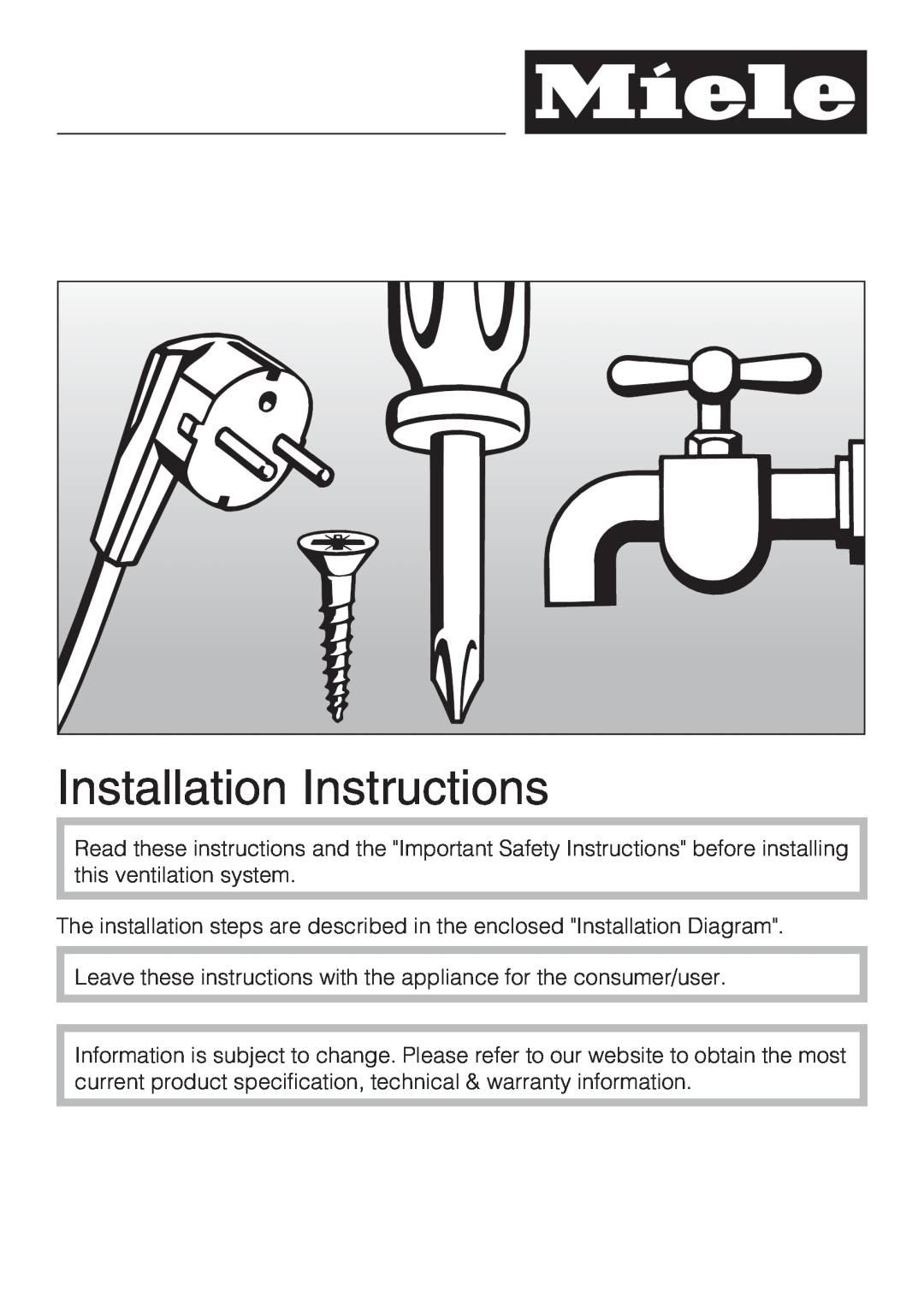 Miele DA 6480, DA 6490, DAG 500, DAG 1000 installation instructions Installation Instructions 