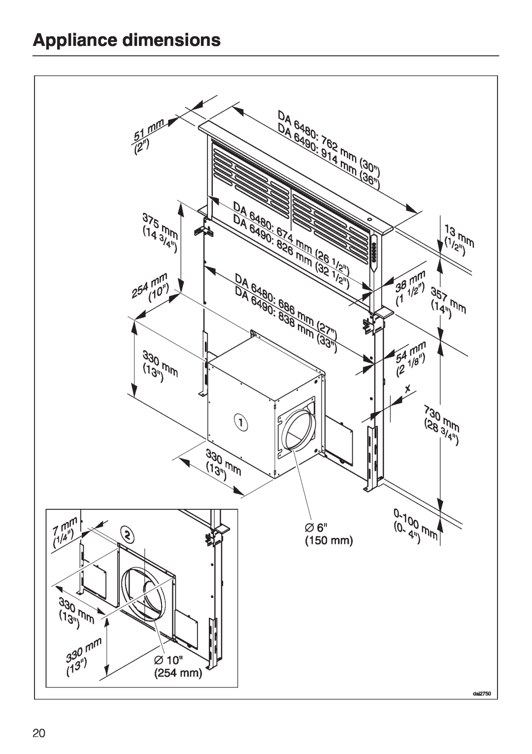 Miele DA 6490, DA 6480, DAG 500, DAG 1000 installation instructions Appliance dimensions 