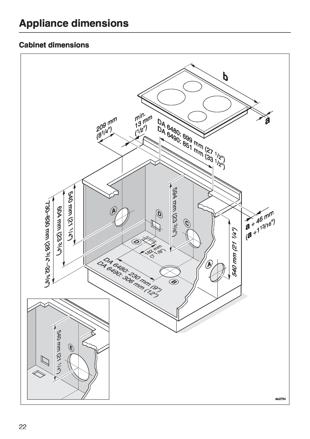 Miele DAG 500, DA 6490, DA 6480, DAG 1000 installation instructions Cabinet dimensions, Appliance dimensions 