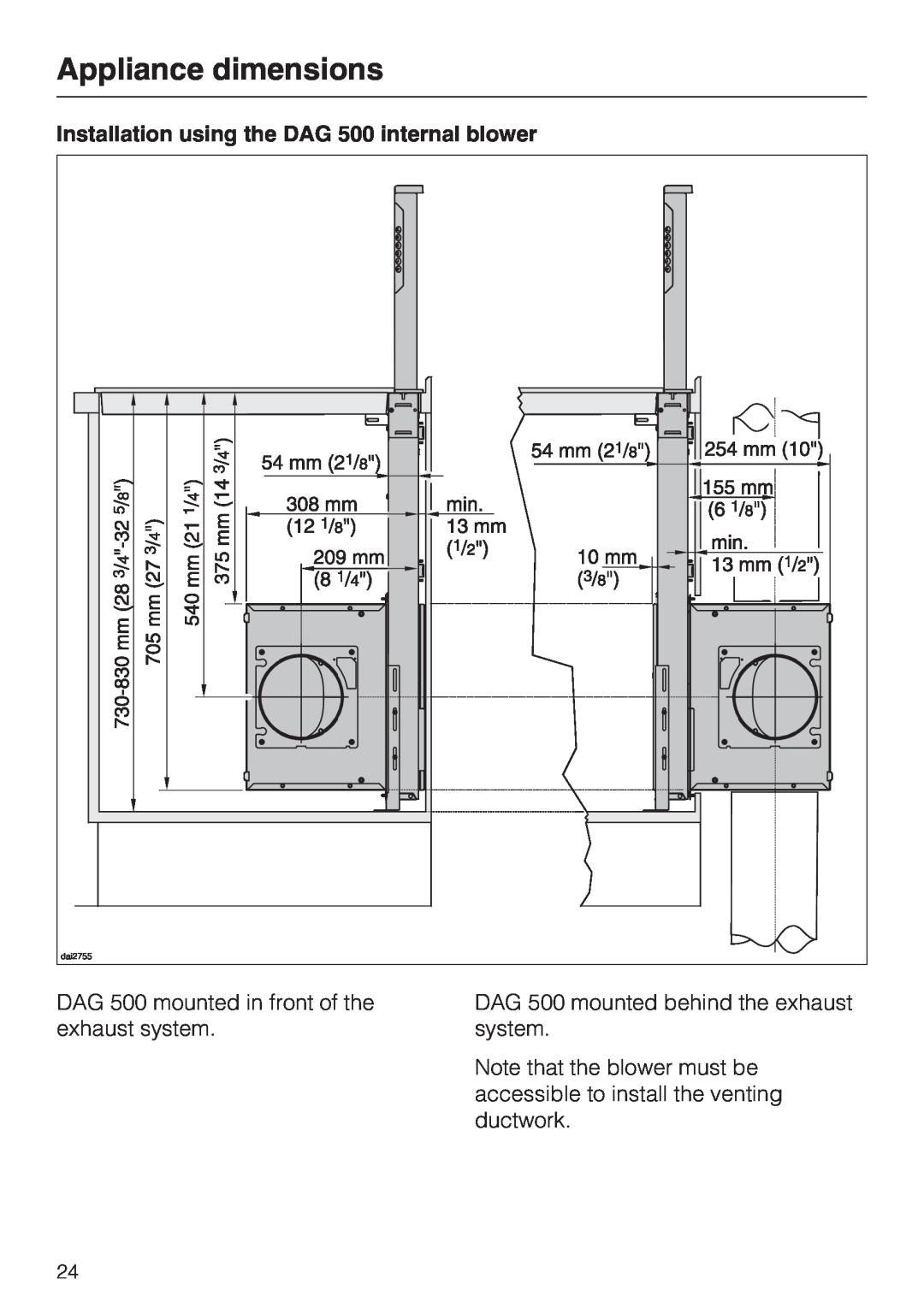 Miele DA 6490, DA 6480, DAG 1000 Installation using the DAG 500 internal blower, Appliance dimensions 